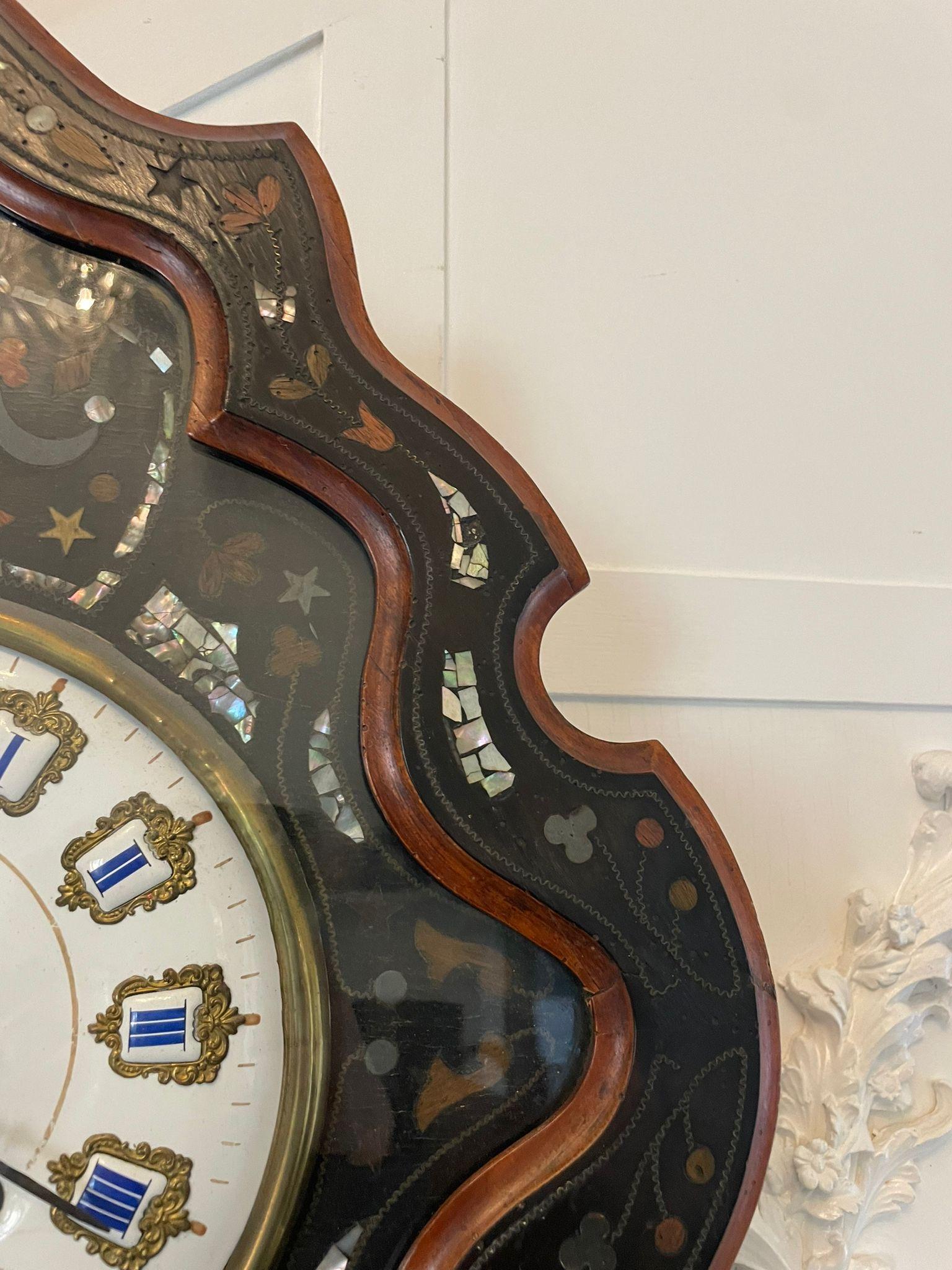 Antique Victorian quality French wall clock in an attractive walnut and ebonised shaped case having a fantastic inlaid decorative ornate circular porcelain dial with original hands, eight day movement striking on the hour and half hour on a gong