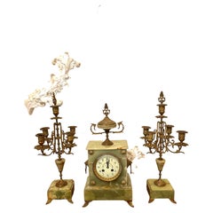 Antique Victorian Quality Green Onyx Ornate Clock Garniture