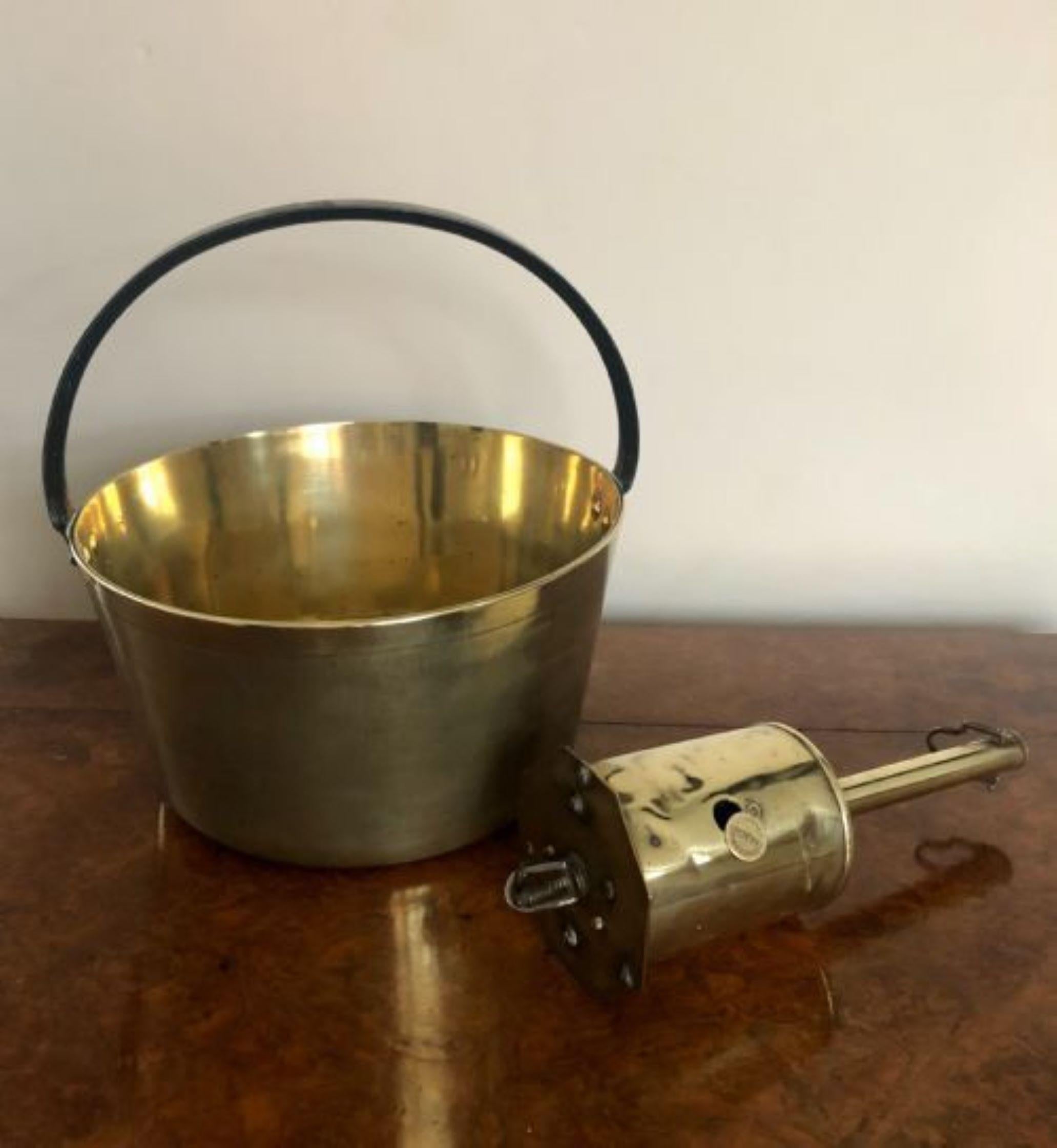 Antique Victorian quality heavy brass jam pale, having an iron shaped handle with a quality brass jam pale and a Salters economical spit jack. 