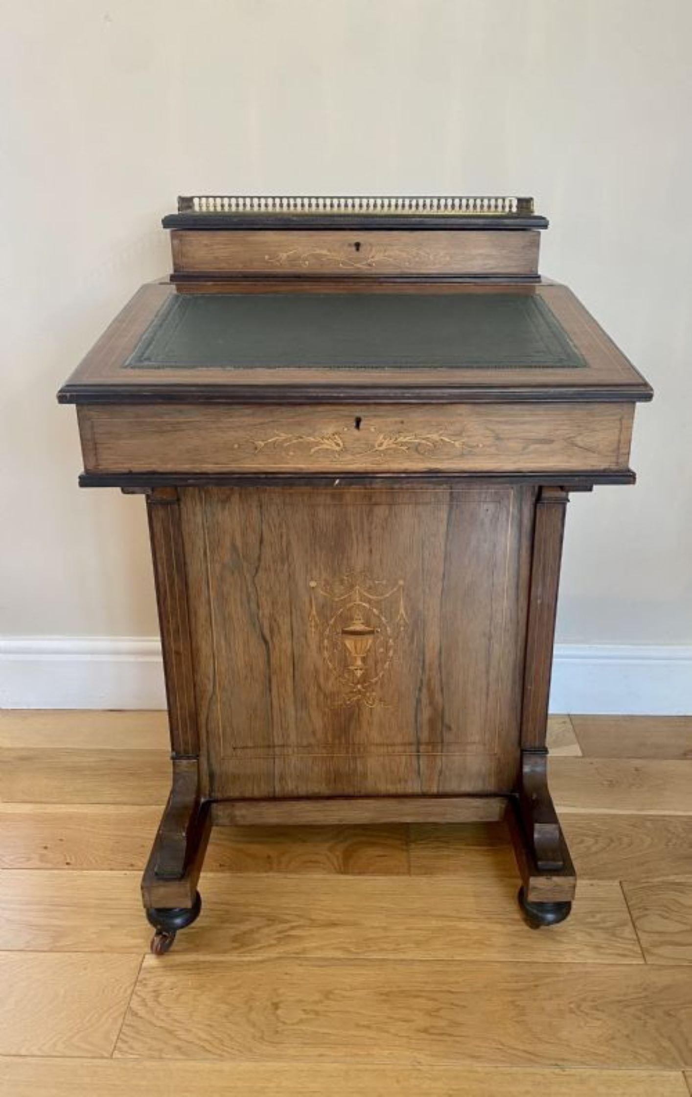 Antique Victorian quality inlaid rosewood freestanding Davenport desk, Having the original brass gallery above a lift up stationary box above a writing slope with the original leather crossbanded in rosewood opening to reveal a fitter interior, four