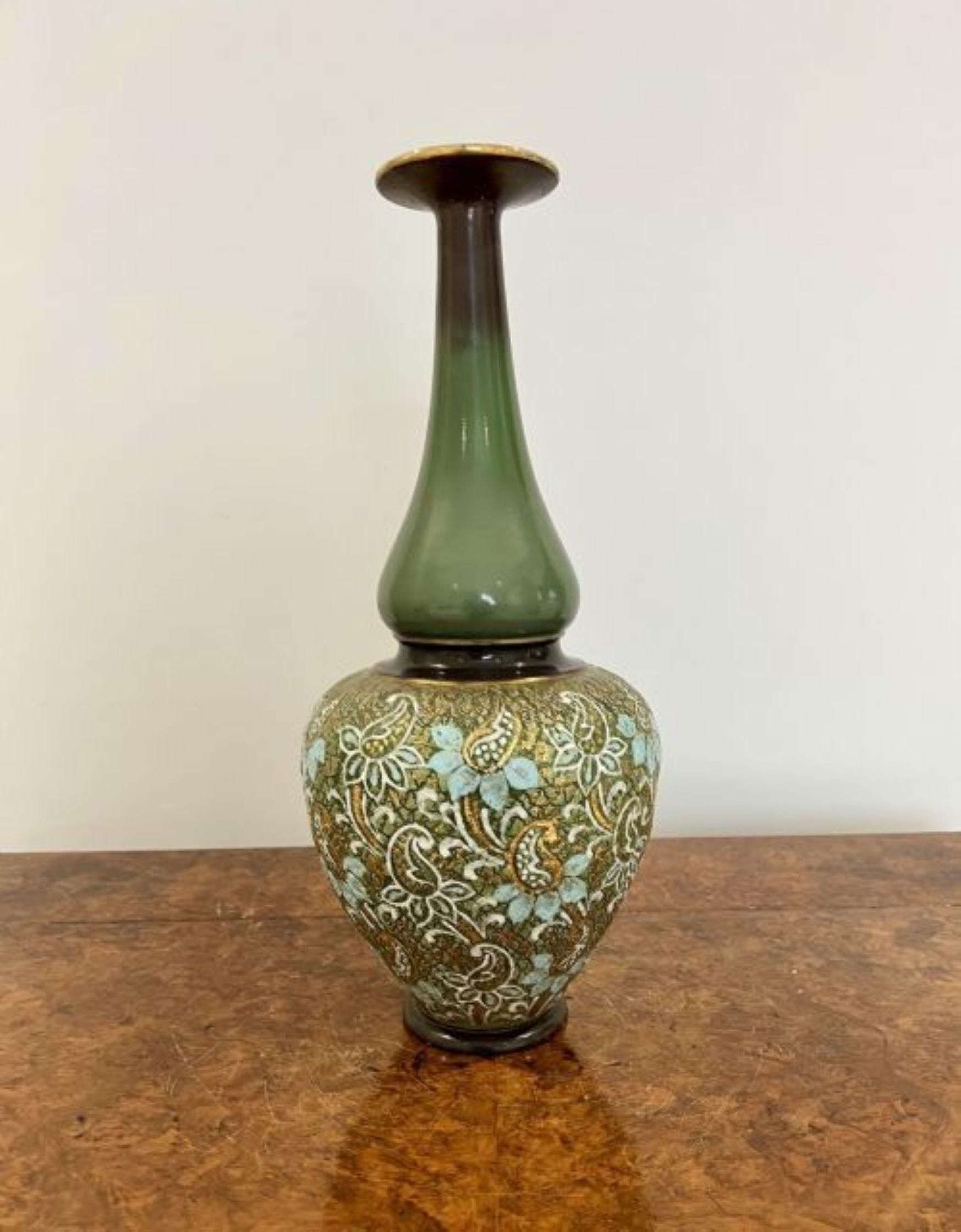 Antique Victorian quality large ballister Royal Doulton vase having a quality antique Royal Doulton shaped vase in green, blue, brown and gold colours with leaf and flower decoration 