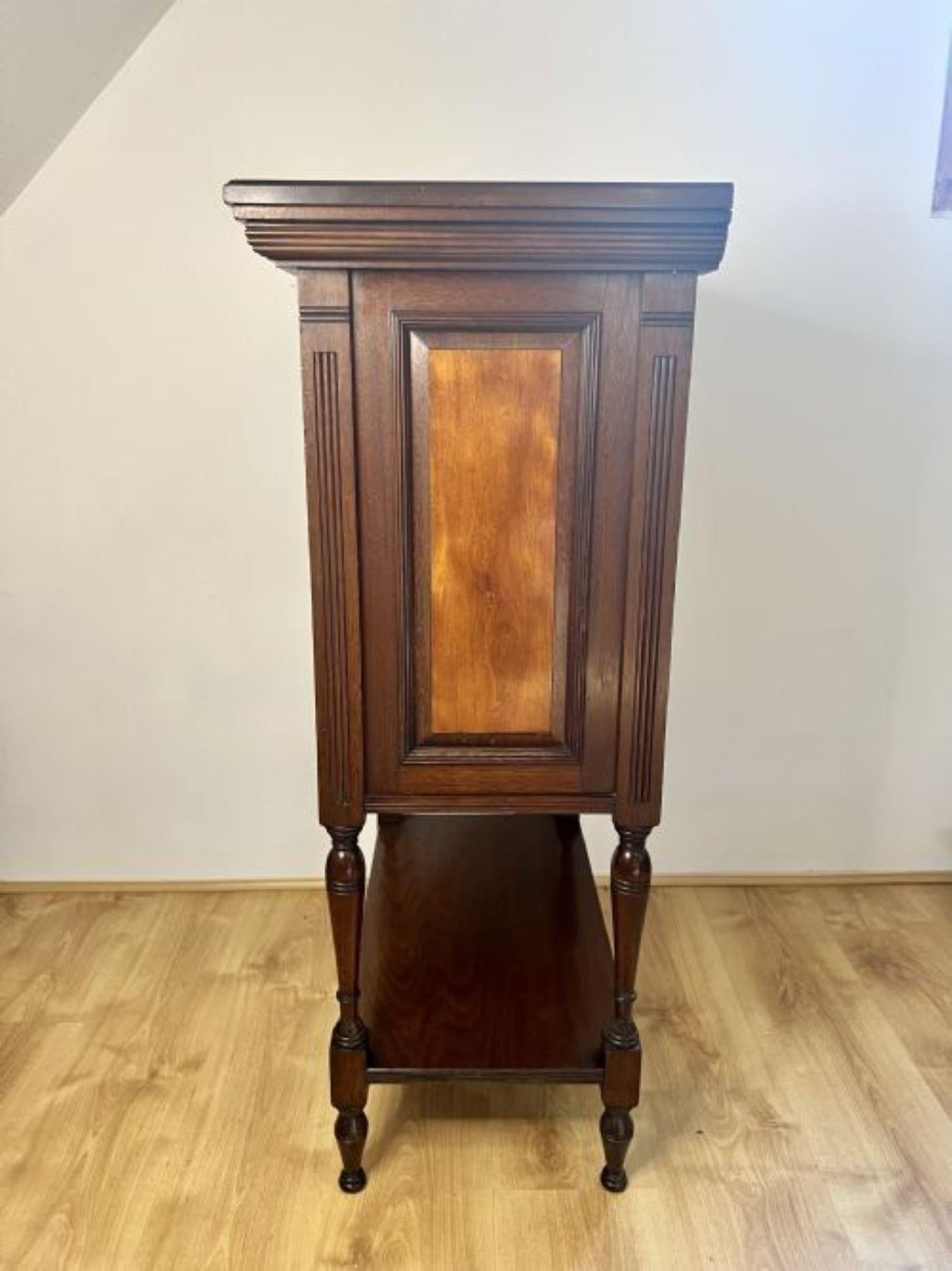 Antique Victorian quality mahogany and satinwood side cabinet having a quality walnut rectangular shaped top above a pair of walnut rectangular doors with satinwood panels, opening to reveal a storage compartment with a single glass removable shelf,