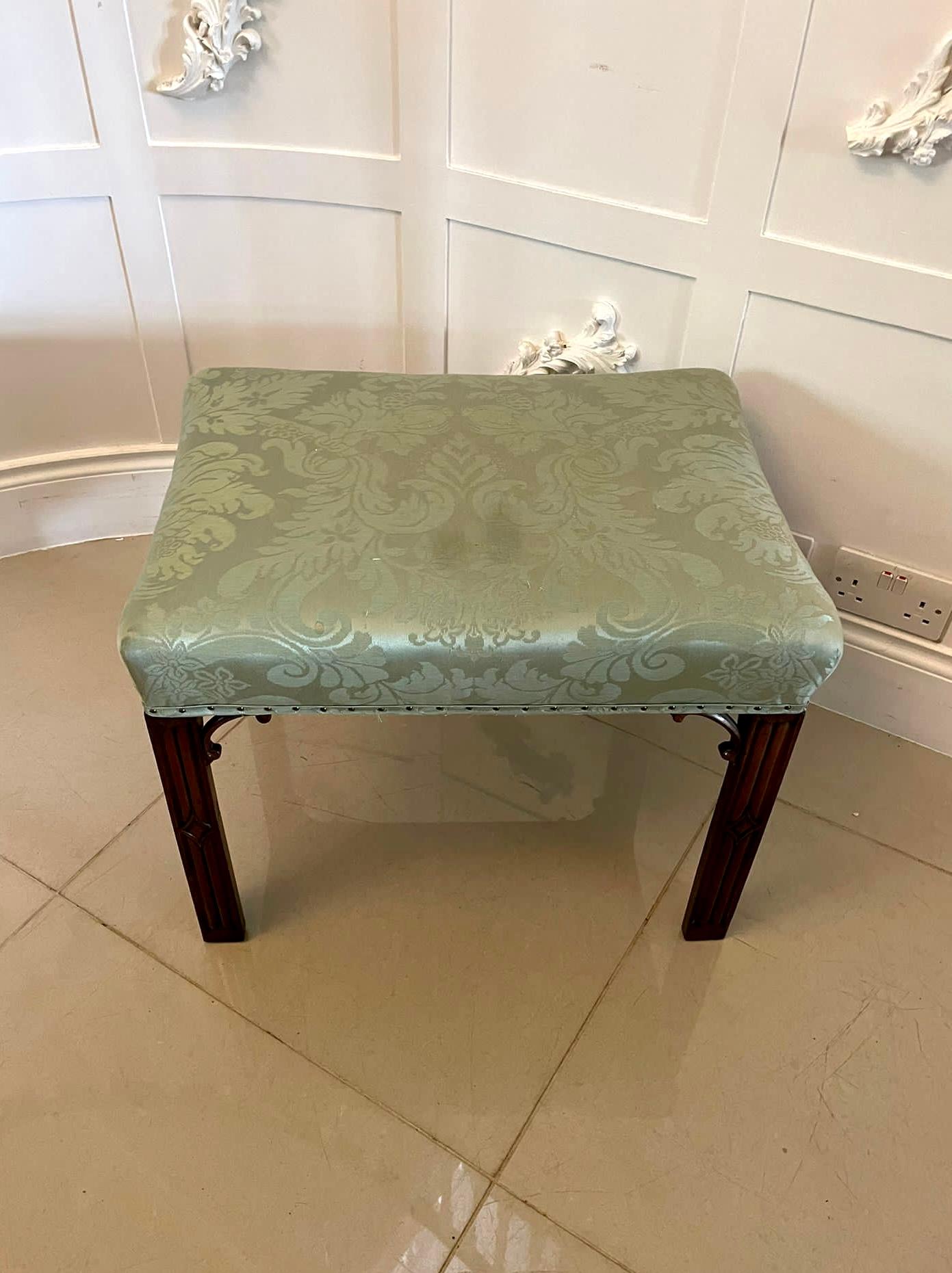 Antique Victorian quality mahogany stool standing on four carved mahogany square legs with shaped carved mahogany brackets, upholstered seat in a quality fabric 

We are able to offer a re-upholstery service on this item at a reasonable cost. We