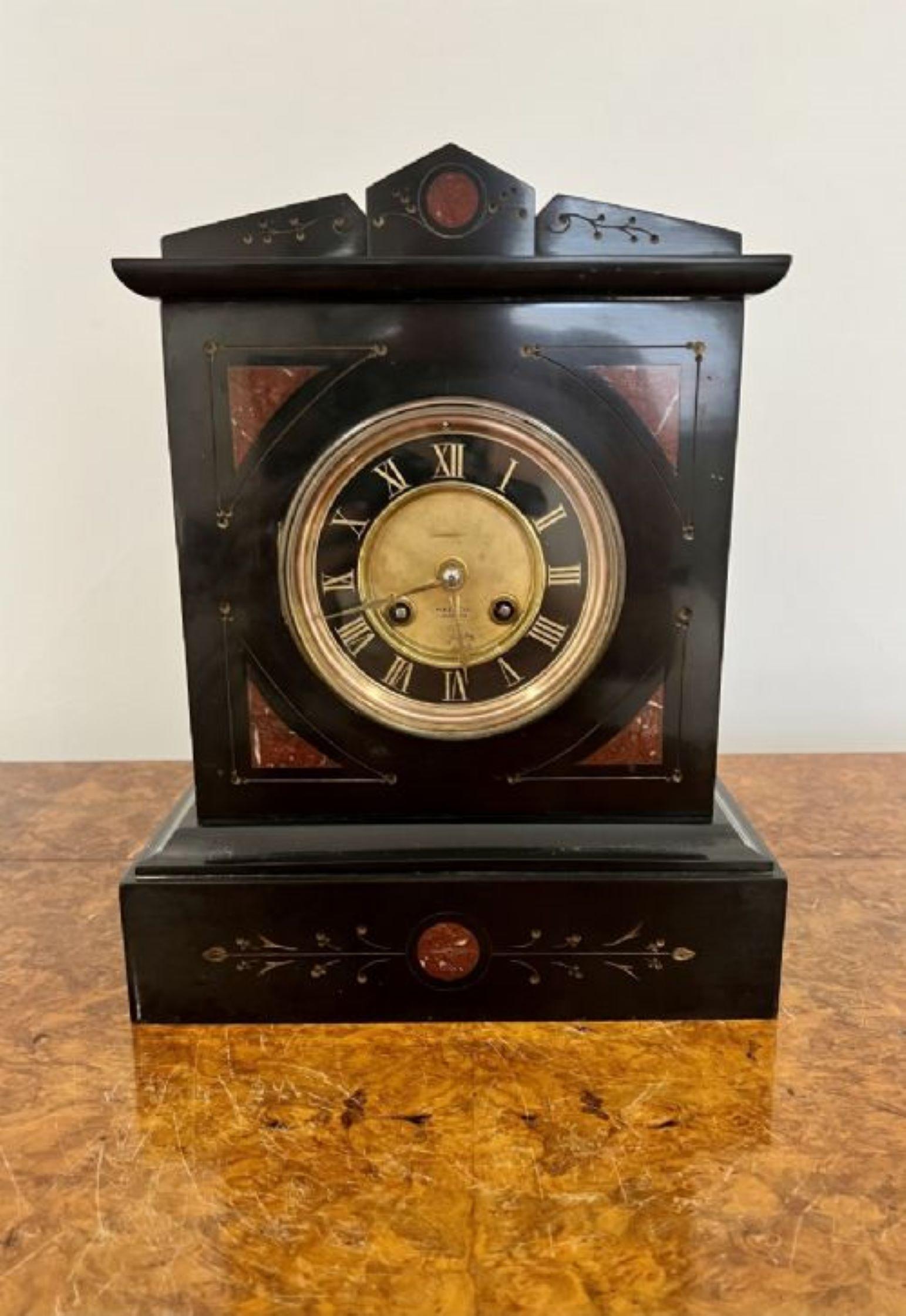 Antique Victorian quality marble clock having a quality black marble clock with a 8 day French movement striking the hour and half hour on a gong with the original key. Makers Haskwell Ipswich
Please note all of our clocks are serviced prior to