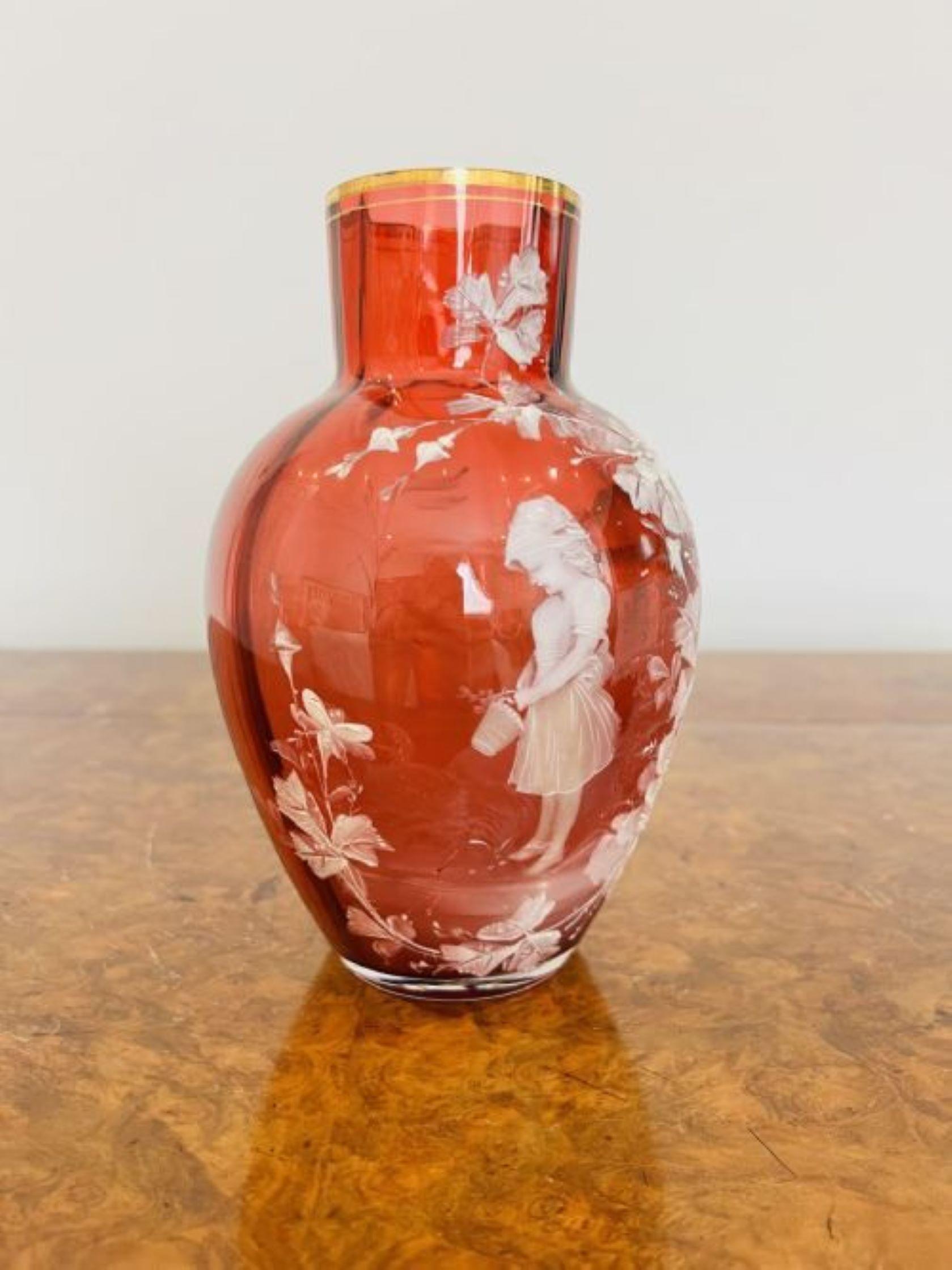 Antique Victorian quality Mary Gregory cranberry glass vase In Good Condition For Sale In Ipswich, GB