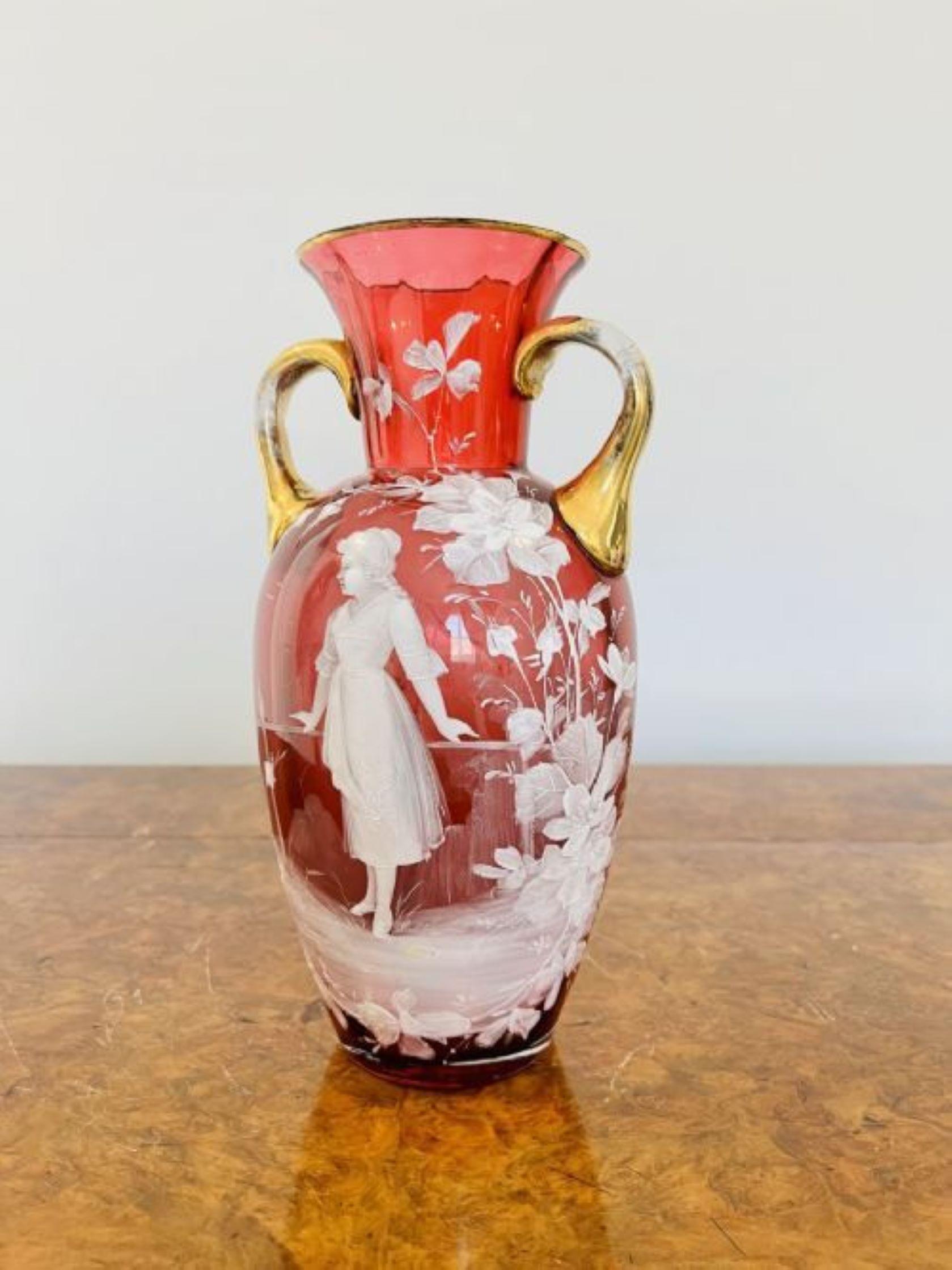 Antique Victorian quality Mary Gregory cranberry glass vase having a quality decorated white enamel Mary Gregory of a young lady in a garden, small chip to the rim
