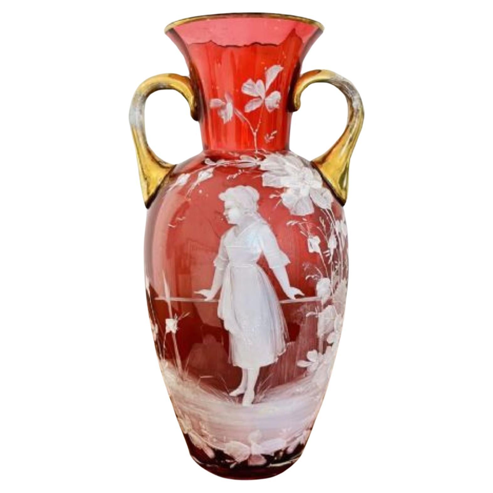 Antique Victorian quality Mary Gregory cranberry vase For Sale
