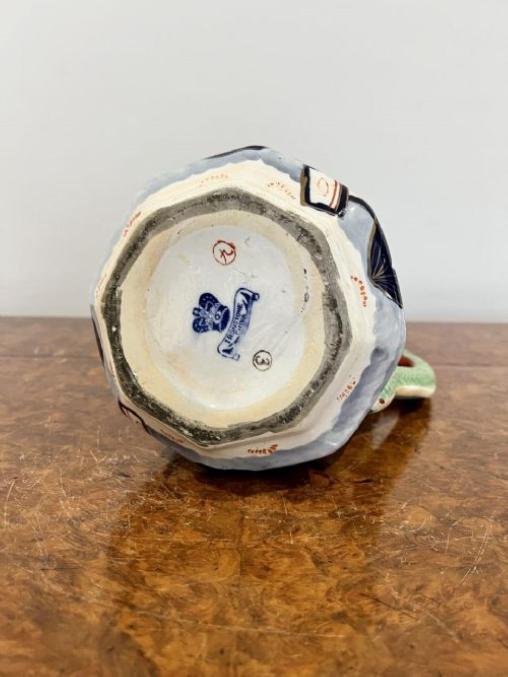 Antique Victorian quality masons ironstone jug and bowl set having a quality matching masons ironstone jug and bowl set in wonderful orange, green, red and white colours 
Jug H21.5cm W16cm D23cm
Bowl H9cm W29cm D29cm