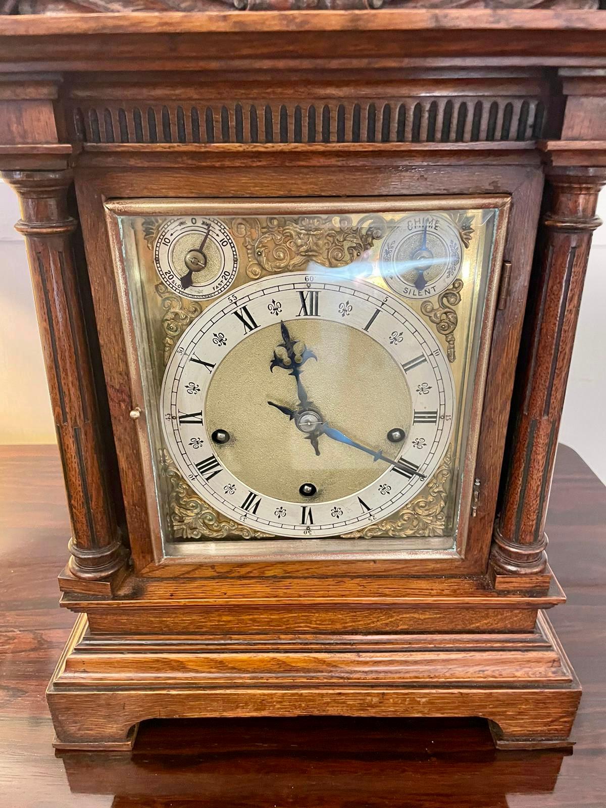 Antique Victorian Quality Oak 8 Day Chiming Bracket Clock with Original Bracket For Sale 6