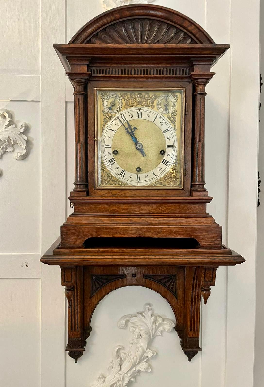 Antique Victorian Quality Oak 8 Day Chiming Bracket Clock with Original Bracket In Good Condition For Sale In Suffolk, GB