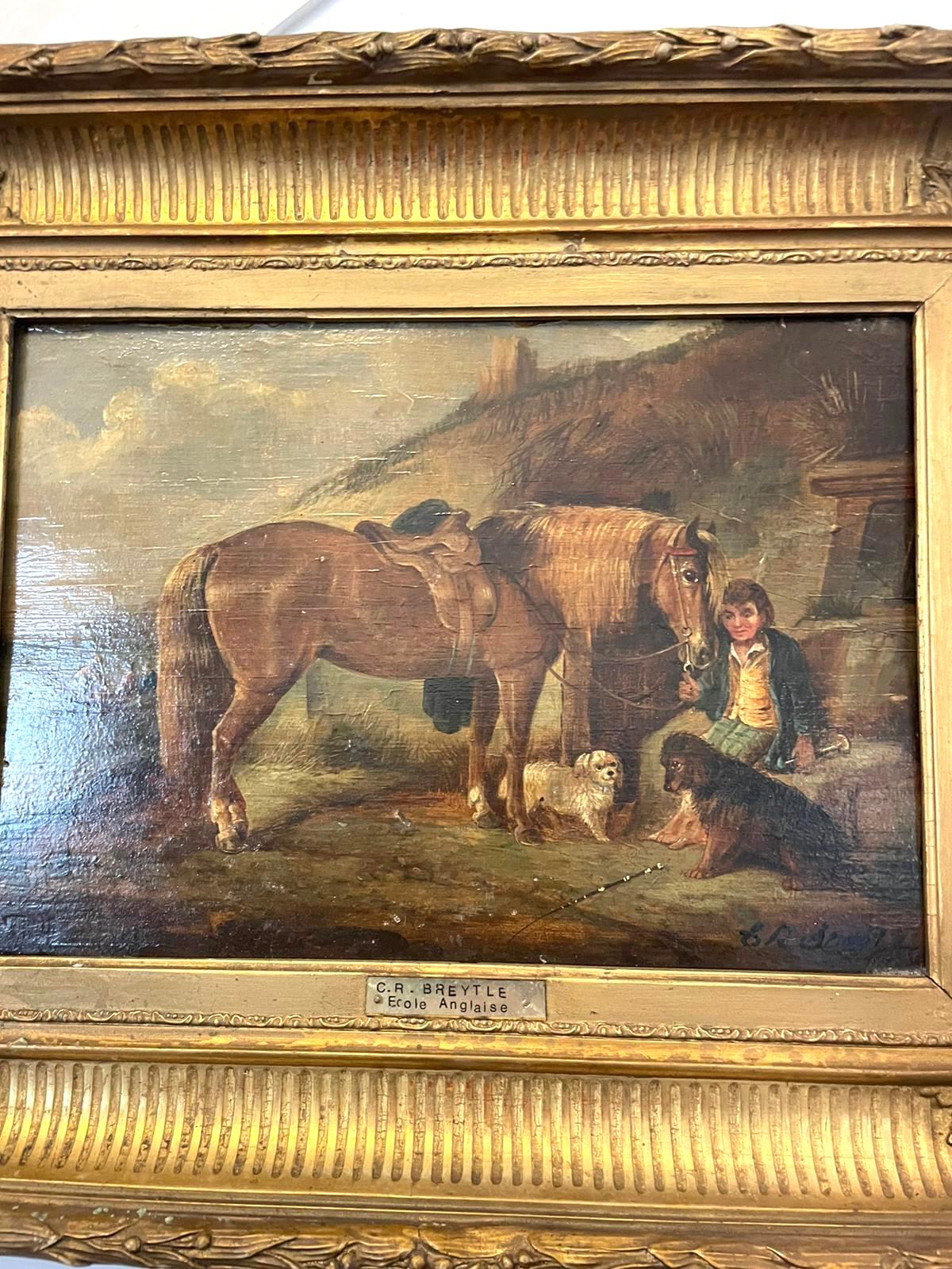 Peinture à l'huile originale de qualité représentant un cheval, deux chiens et un homme dans des couleurs magnifiques et un cadre doré d'origine.

Une œuvre d'art originale pleine de charme  


H 40 x L 49 x P 5cm
Date 1880
