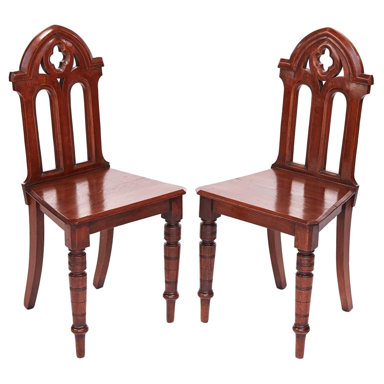 Antique Victorian Quality Pair of Oak Gothic Hall Chairs