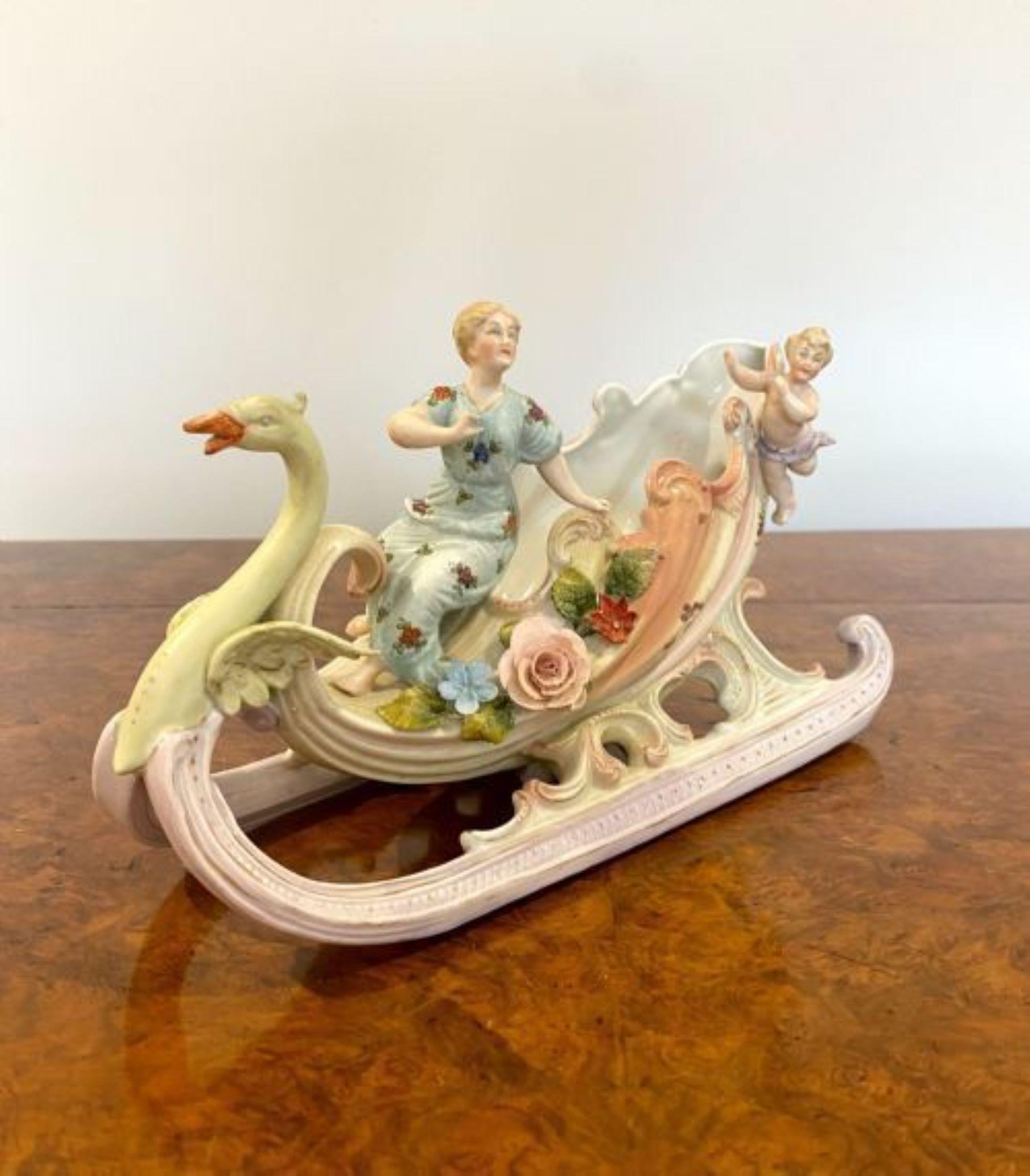 Antique Victorian quality porcelain group with a lady riding a swan carriage, wonderful colourful hand painted decoration. 