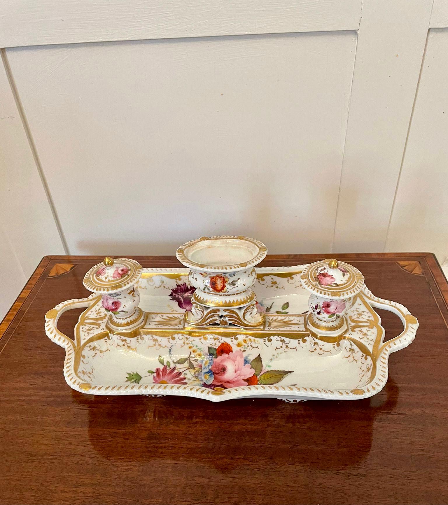 Antique Victorian quality porcelain hand painted desk set having a central raised urn flanked by lidded urns and beautifully decorated with quality hand painted roses and flowers with gilded swag surrounds.

A charming piece in delightful original