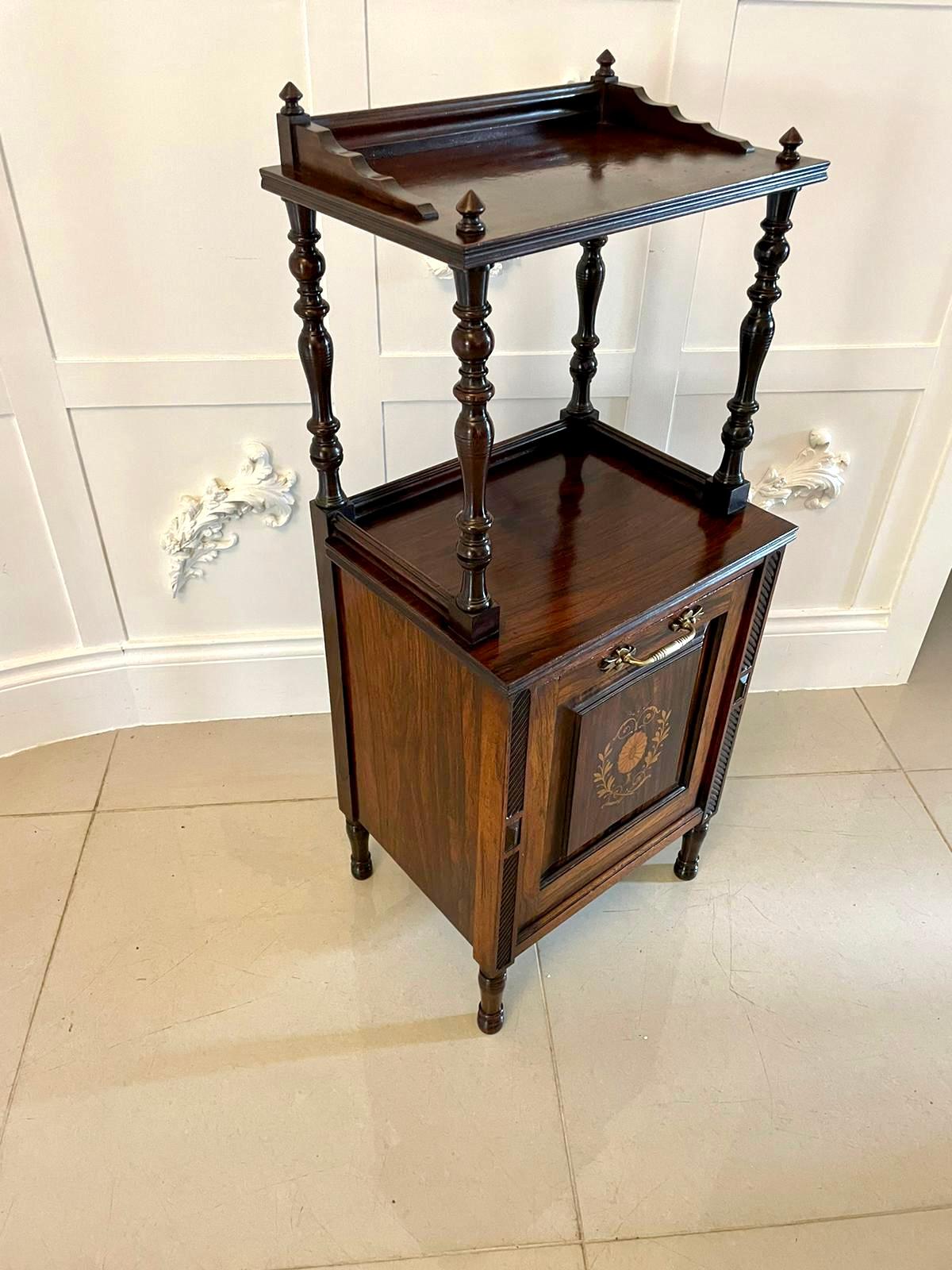 Antique Victorian quality rosewood marquetry inlaid coal box having a quality rosewood top supported by four turned columns above a quality rosewood marquetry inlaid coal box with a pull down front, original brass handle opening to reveal the