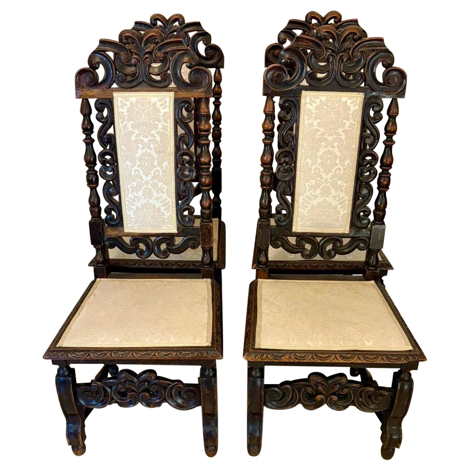 Antique Victorian Quality Set of 4 Carved Oak Dining Chairs For Sale