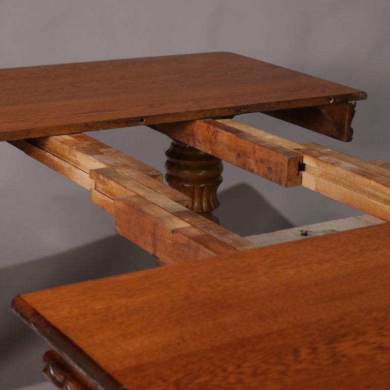 Antique Victorian Quarter Sawn Oak Extending Dining Table and Two