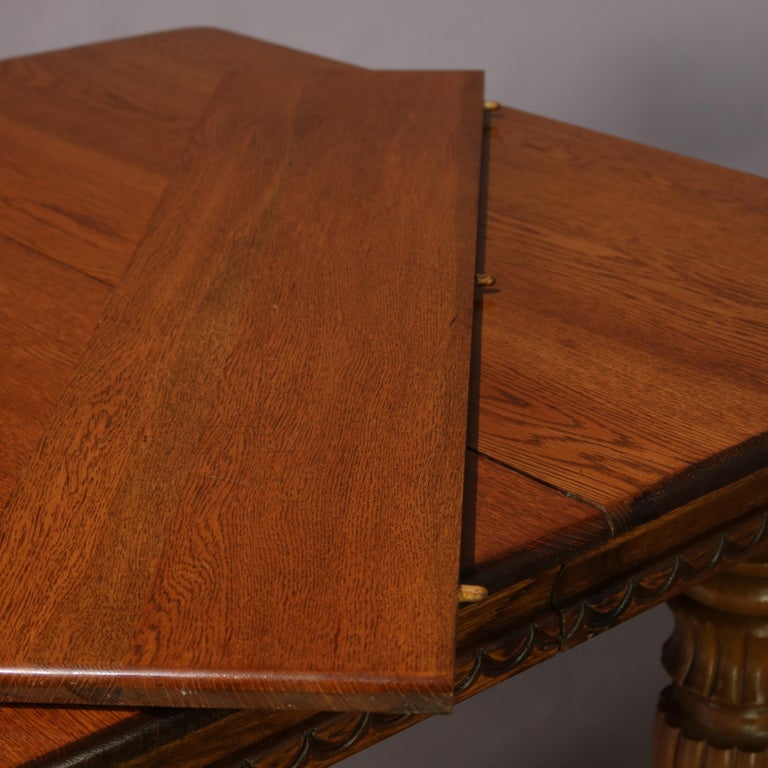 Antique Victorian Quarter Sawn Oak Extending Dining Table and Two