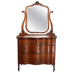 Antique Victorian Quarter Sawn Oak Serpentine Dresser with Mirror, circa 1900