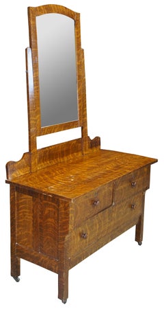 Antique Victorian Quartersawn Oak 3 Drawer Dresser & Beveled Mirror Chest Vanity