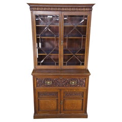 Ancien bureau de secrétaire en chêne quart-de-scie victorien & Armoire bibliothèque