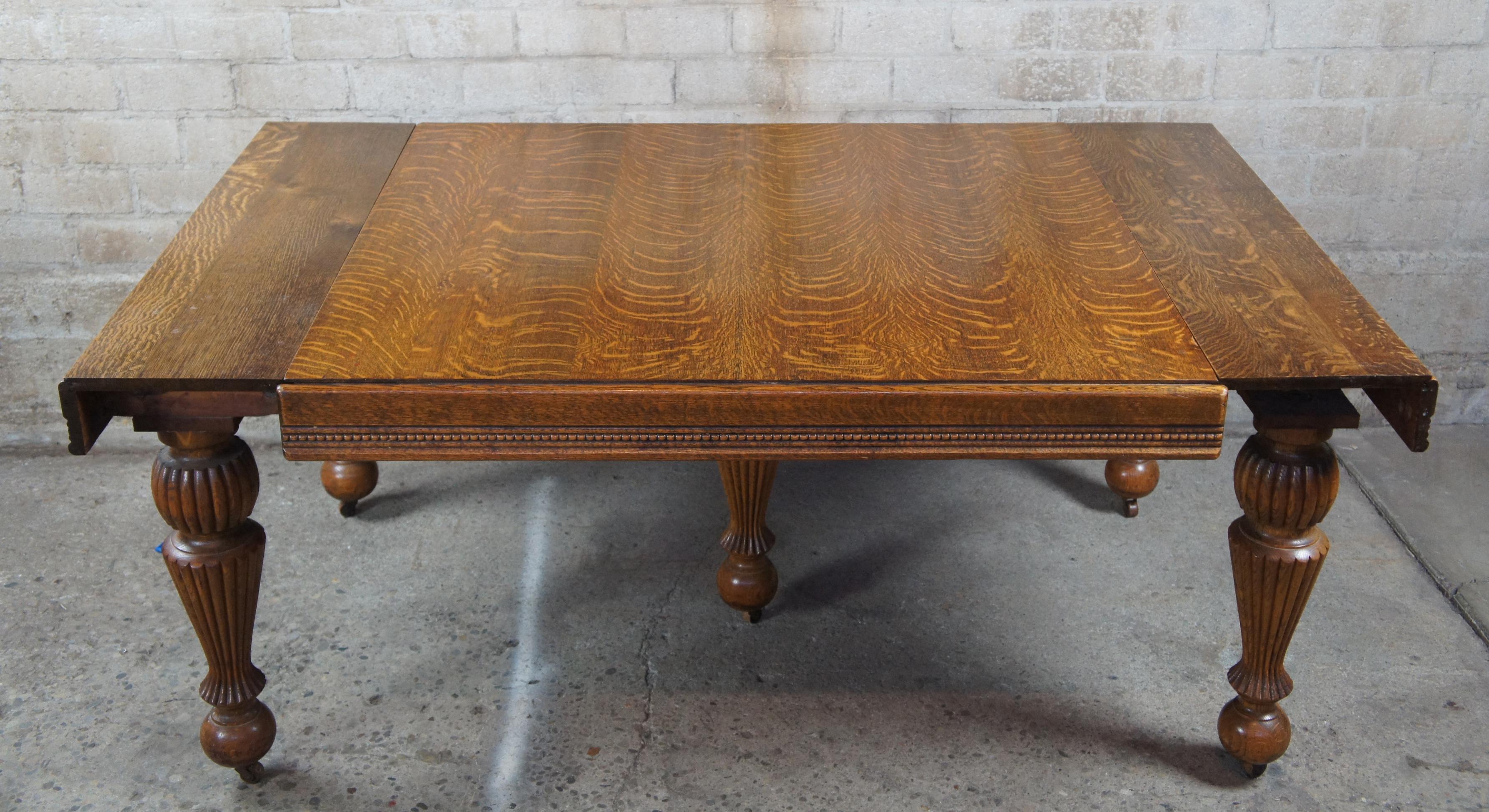 Early 20th Century Antique Victorian Quartersawn Oak Drawl Leaf Extendable Square Dining Table