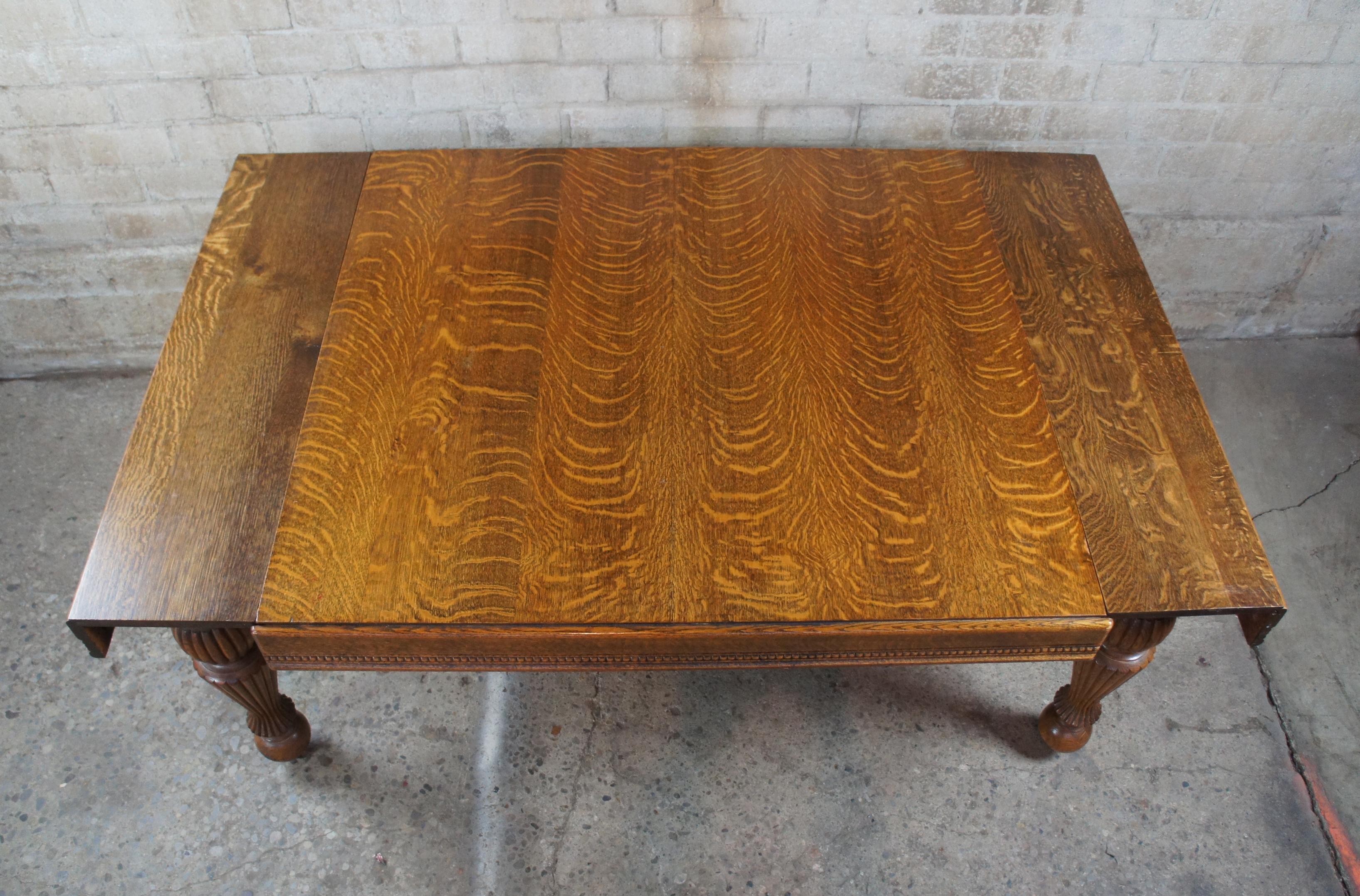 Antique Victorian Quartersawn Oak Drawl Leaf Extendable Square Dining Table 1