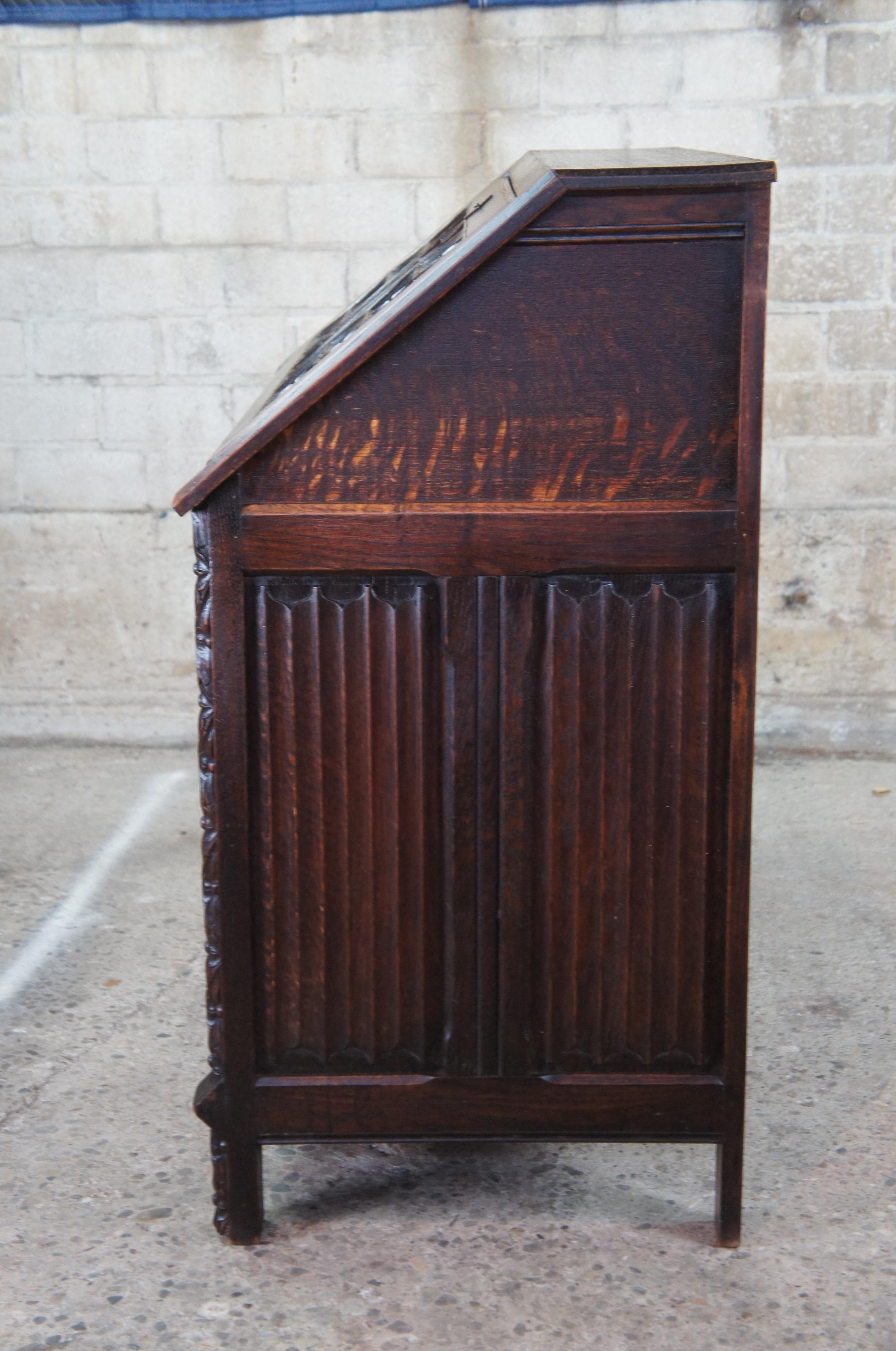 Antique Victorian Quartersawn Oak Gothic Carved Secretary Writing Desk 4