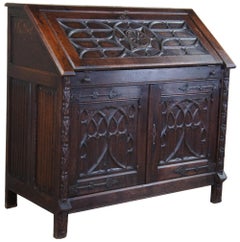 Antique Victorian Quartersawn Oak Gothic Carved Secretary Writing Desk