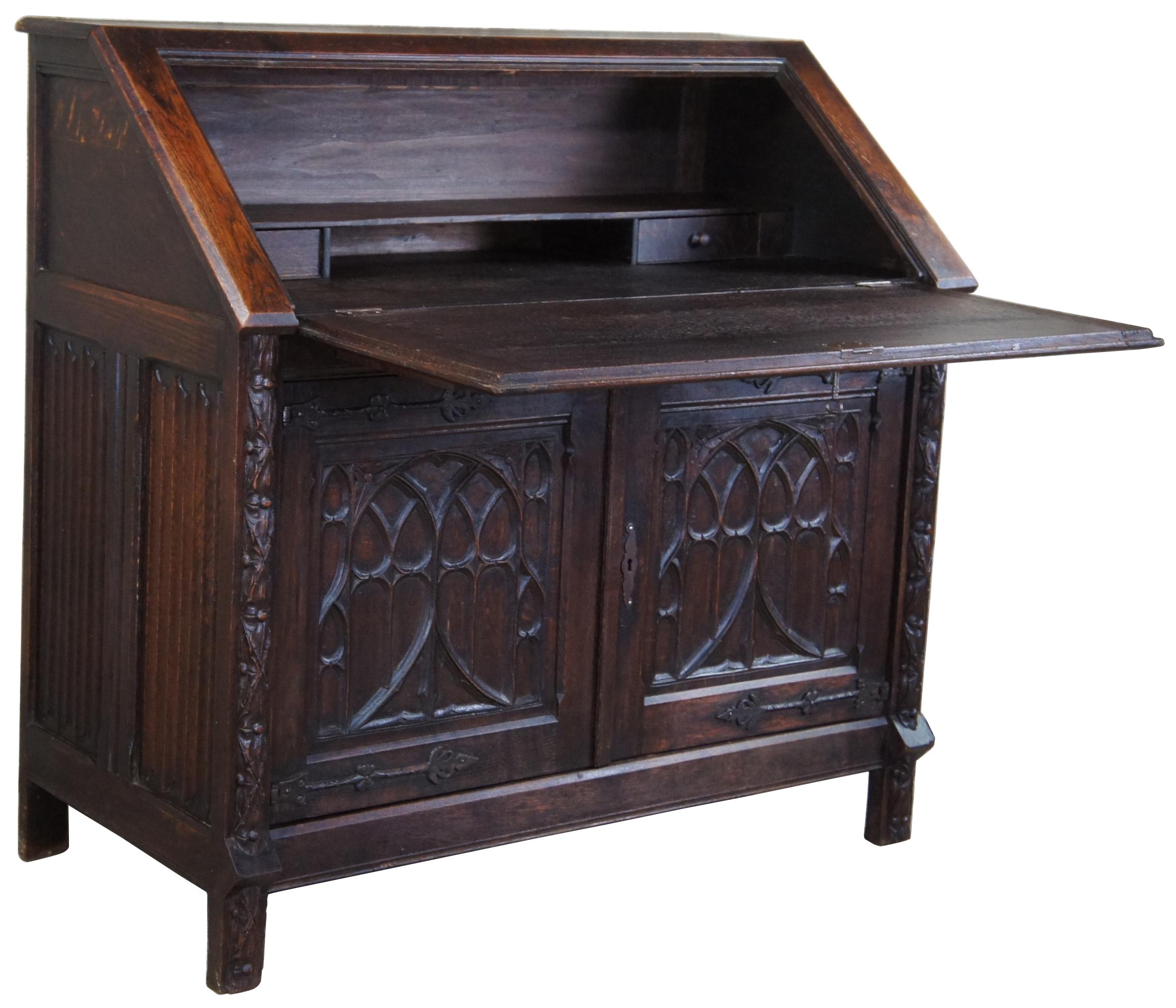Jacobean Antique Victorian Quartersawn Oak Gothic Carved Secretary Writing Desk