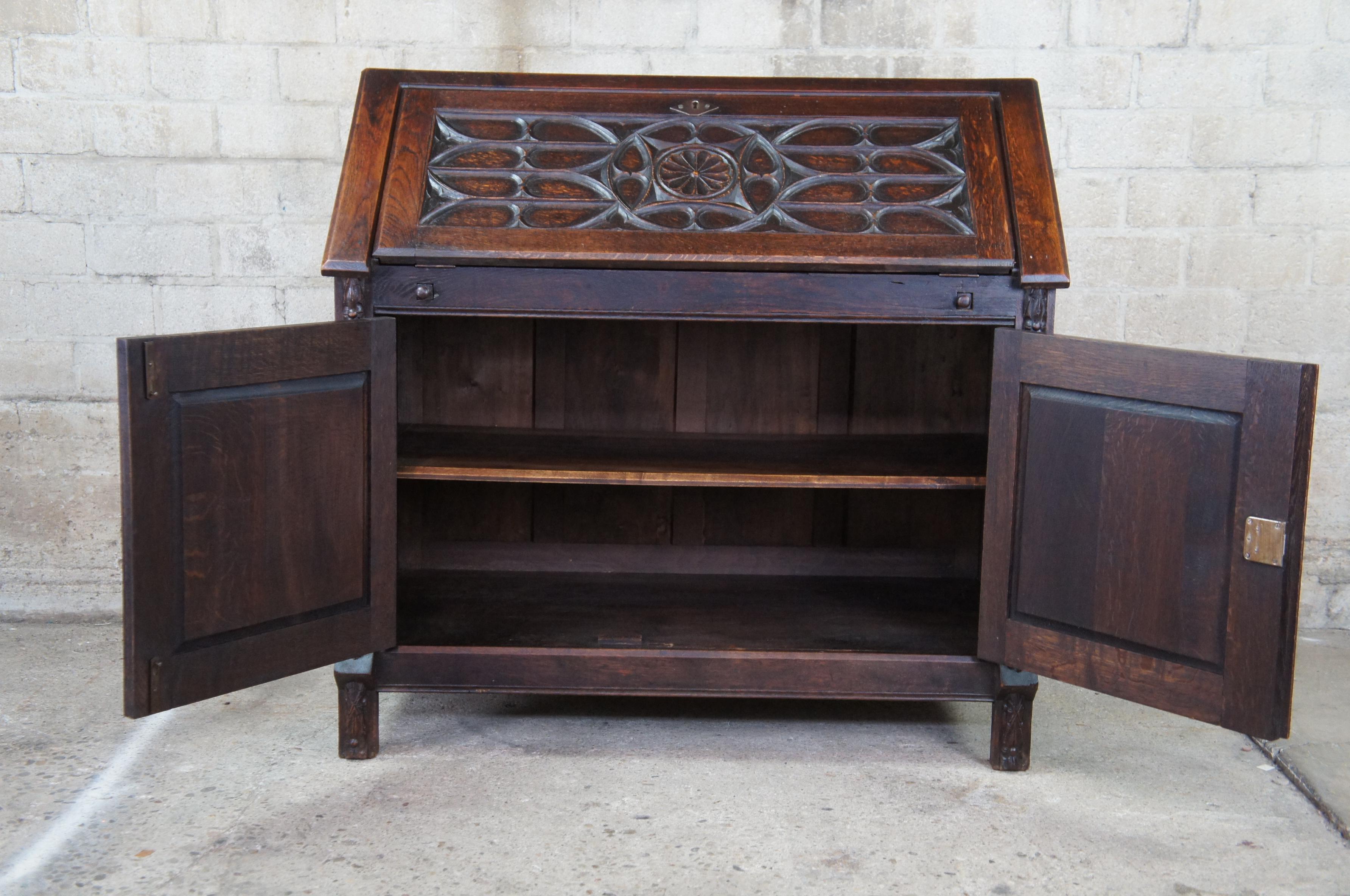Iron Antique Victorian Quartersawn Oak Gothic Carved Secretary Writing Desk