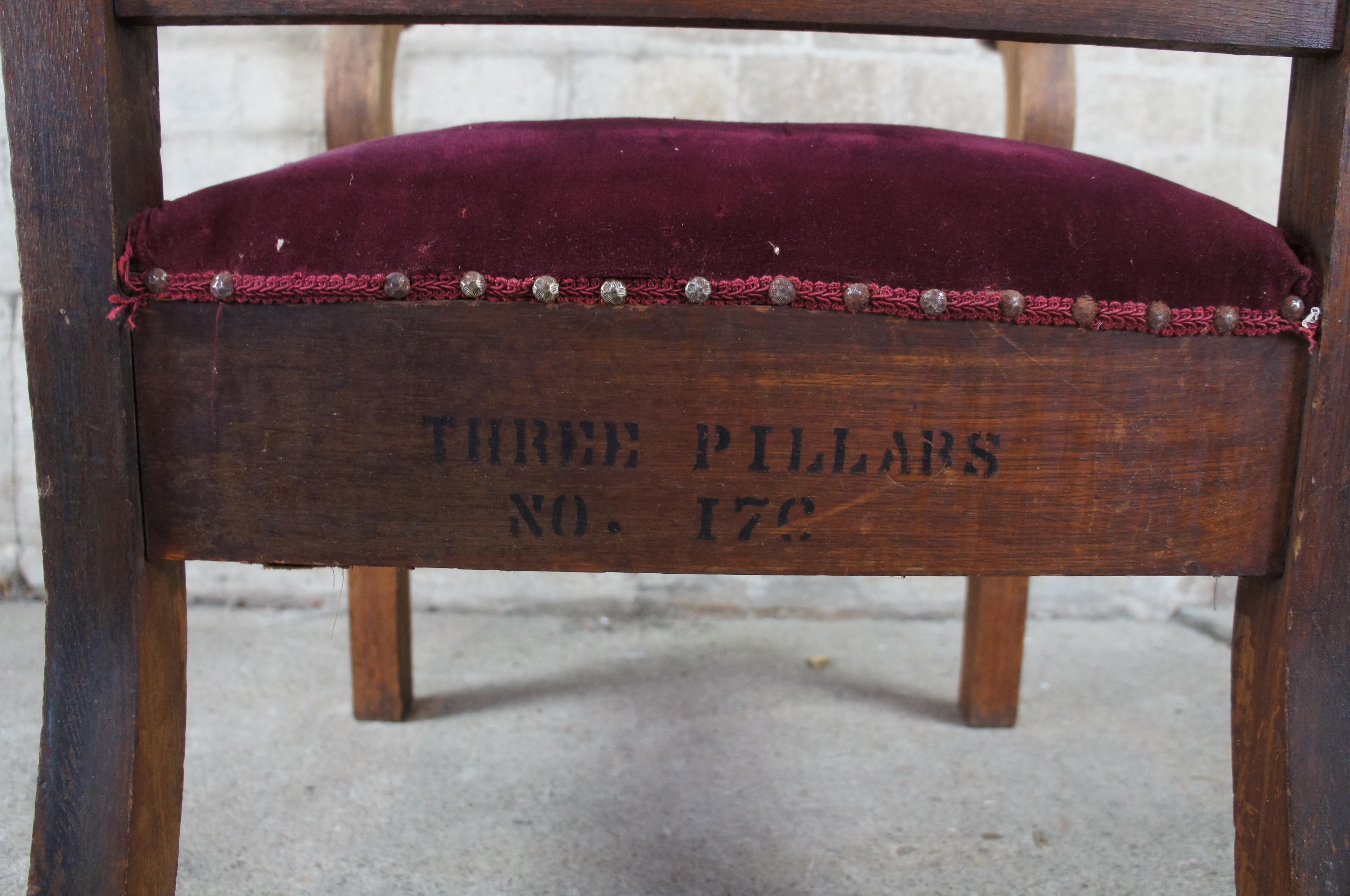 Velvet Antique Victorian Quartersawn Oak Gothic Revival Bishops Throne Arm Chair