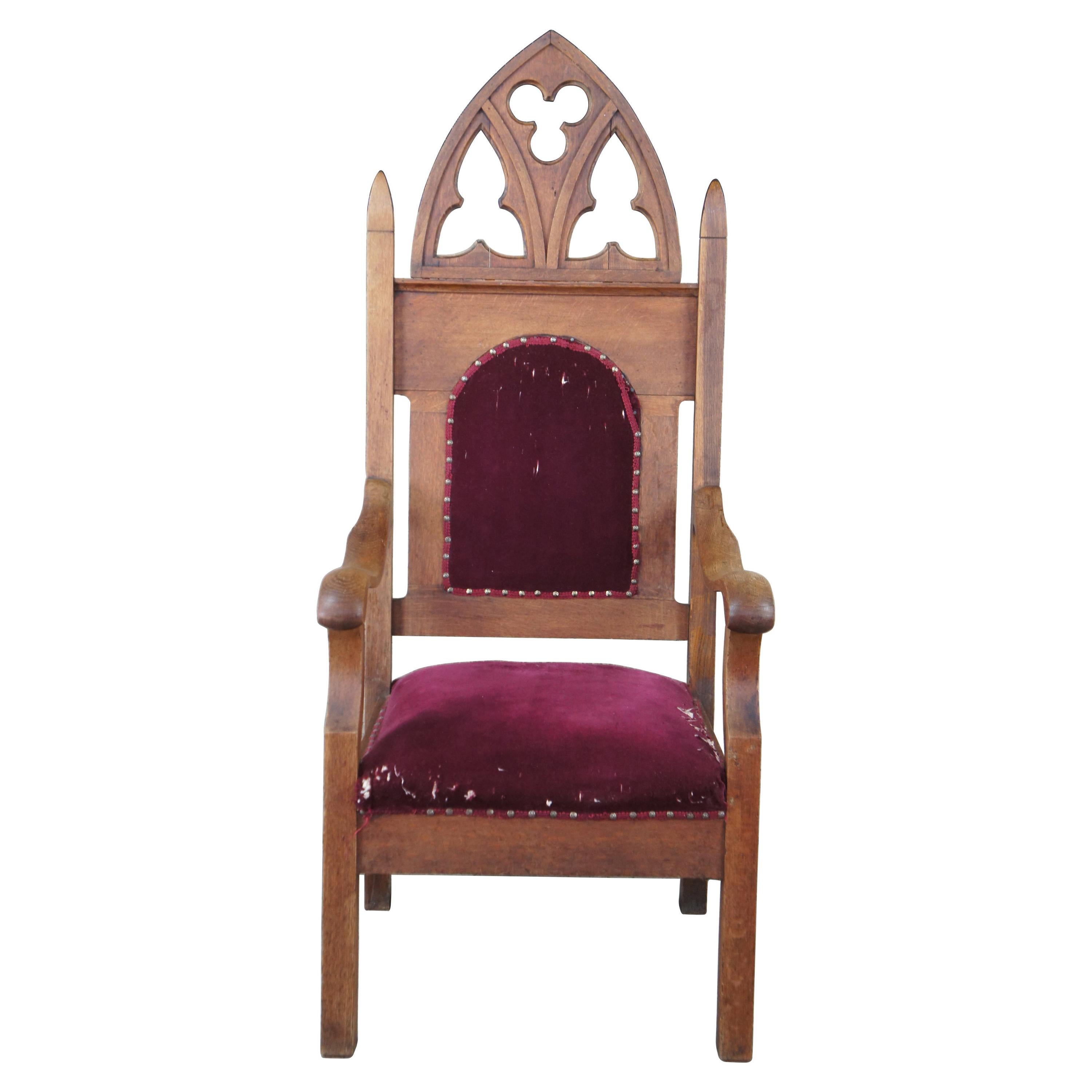 Antique Victorian Quartersawn Oak Gothic Revival Bishops Throne Arm Chair