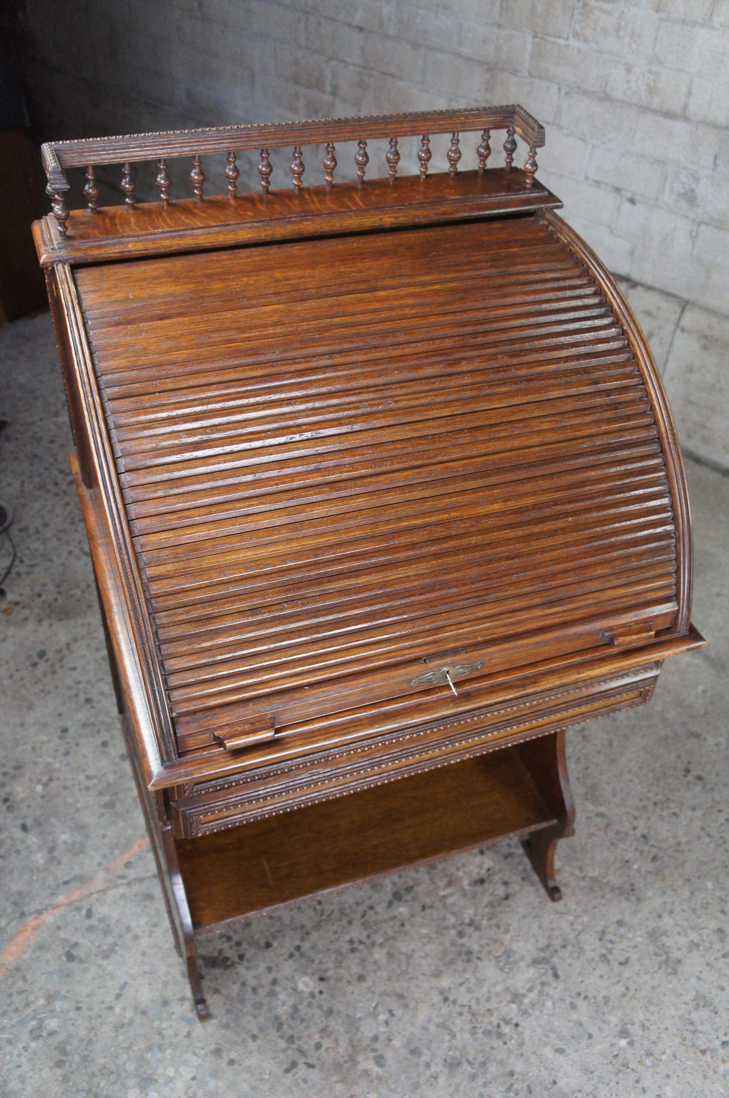 Antique Victorian Quartersawn Oak Roll Top Tambour Writing Desk Bureau 8