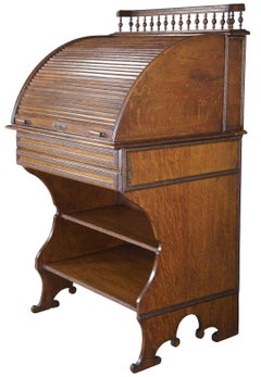 Antique Victorian Quartersawn Oak Roll Top Tambour Writing Desk Bureau