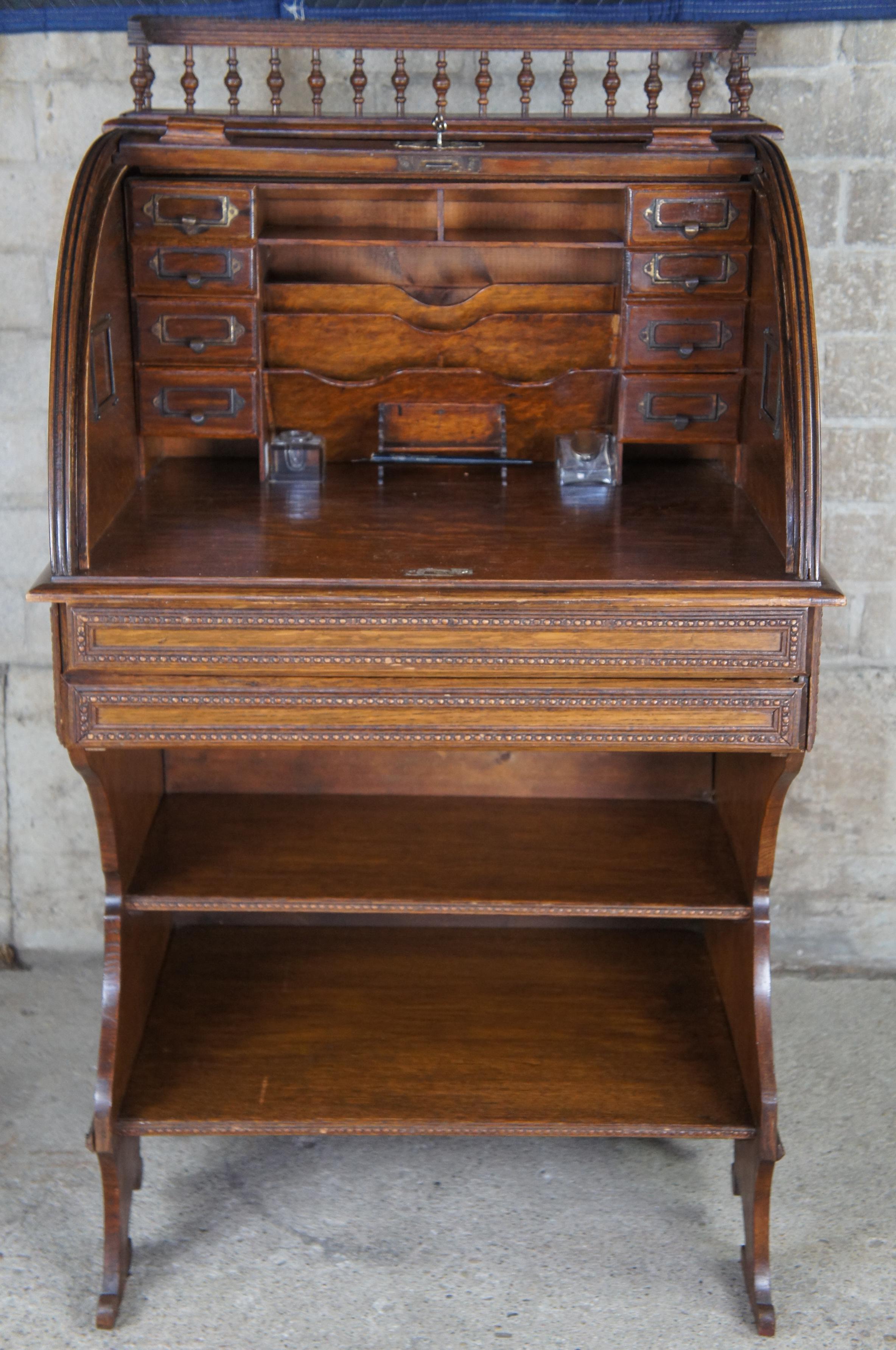 19th Century Antique Victorian Quartersawn Oak Roll Top Tambour Writing Desk Bureau