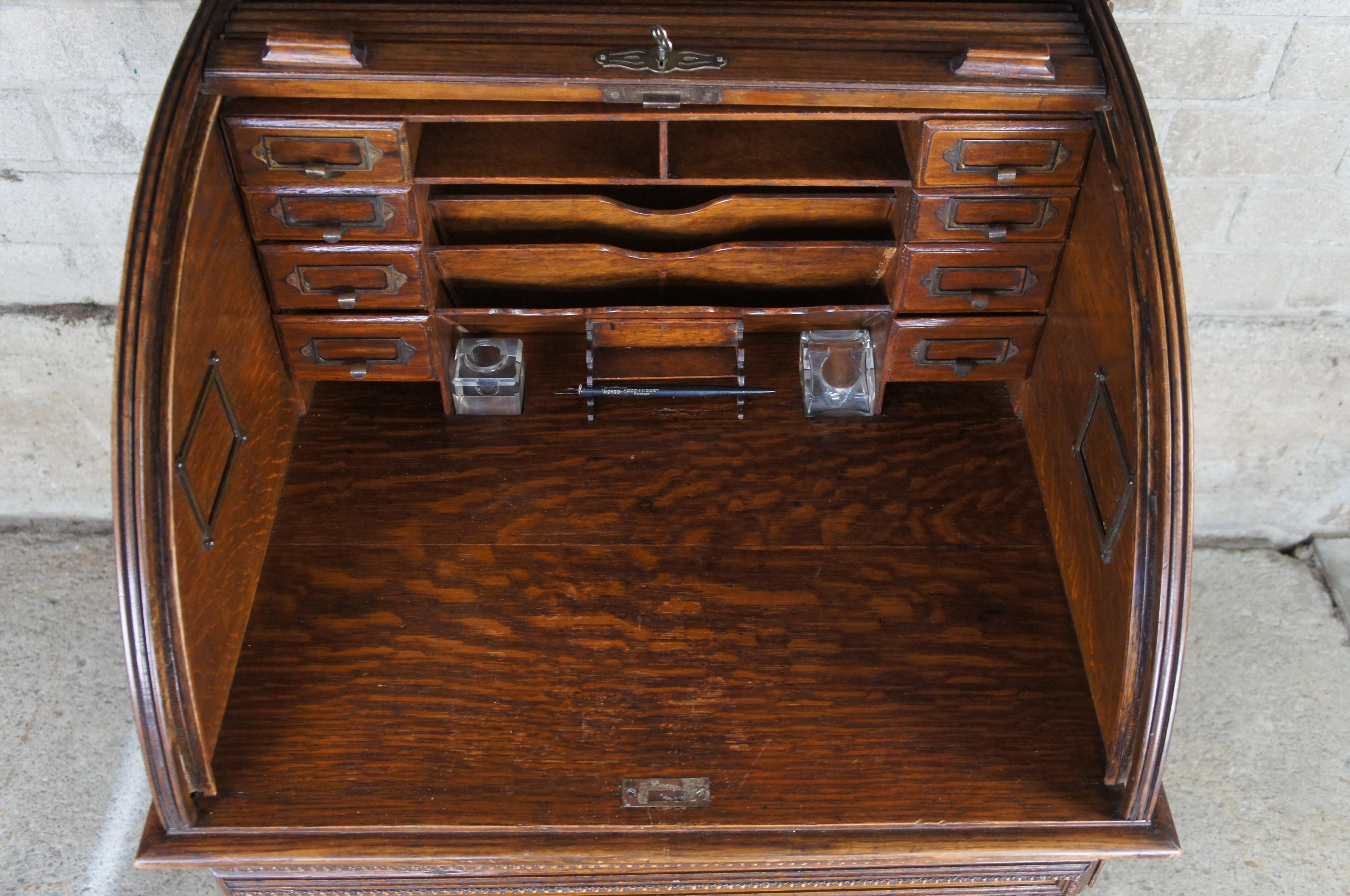Antique Victorian Quartersawn Oak Roll Top Tambour Writing Desk Bureau 1
