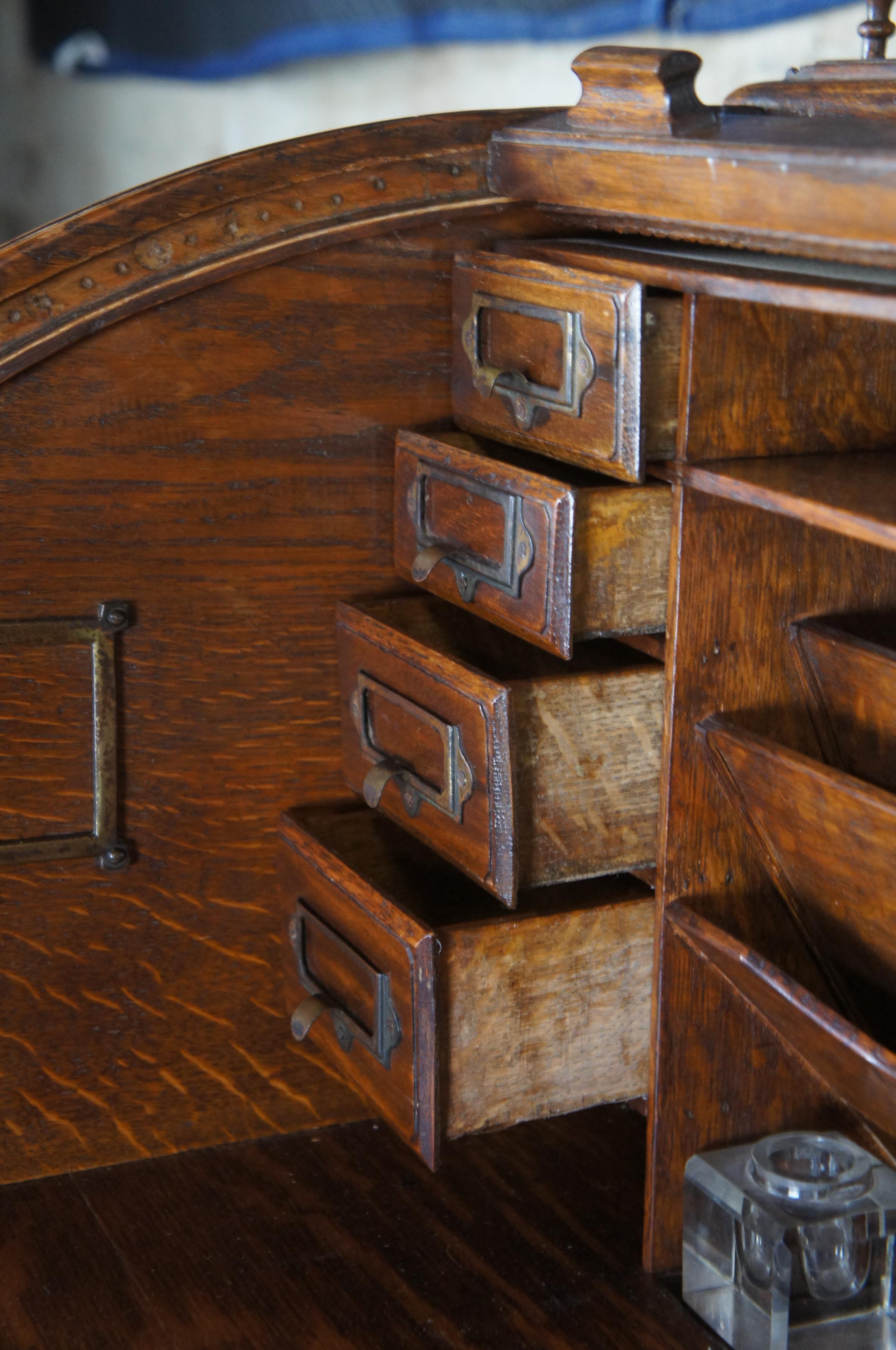 Antique Victorian Quartersawn Oak Roll Top Tambour Writing Desk Bureau 3