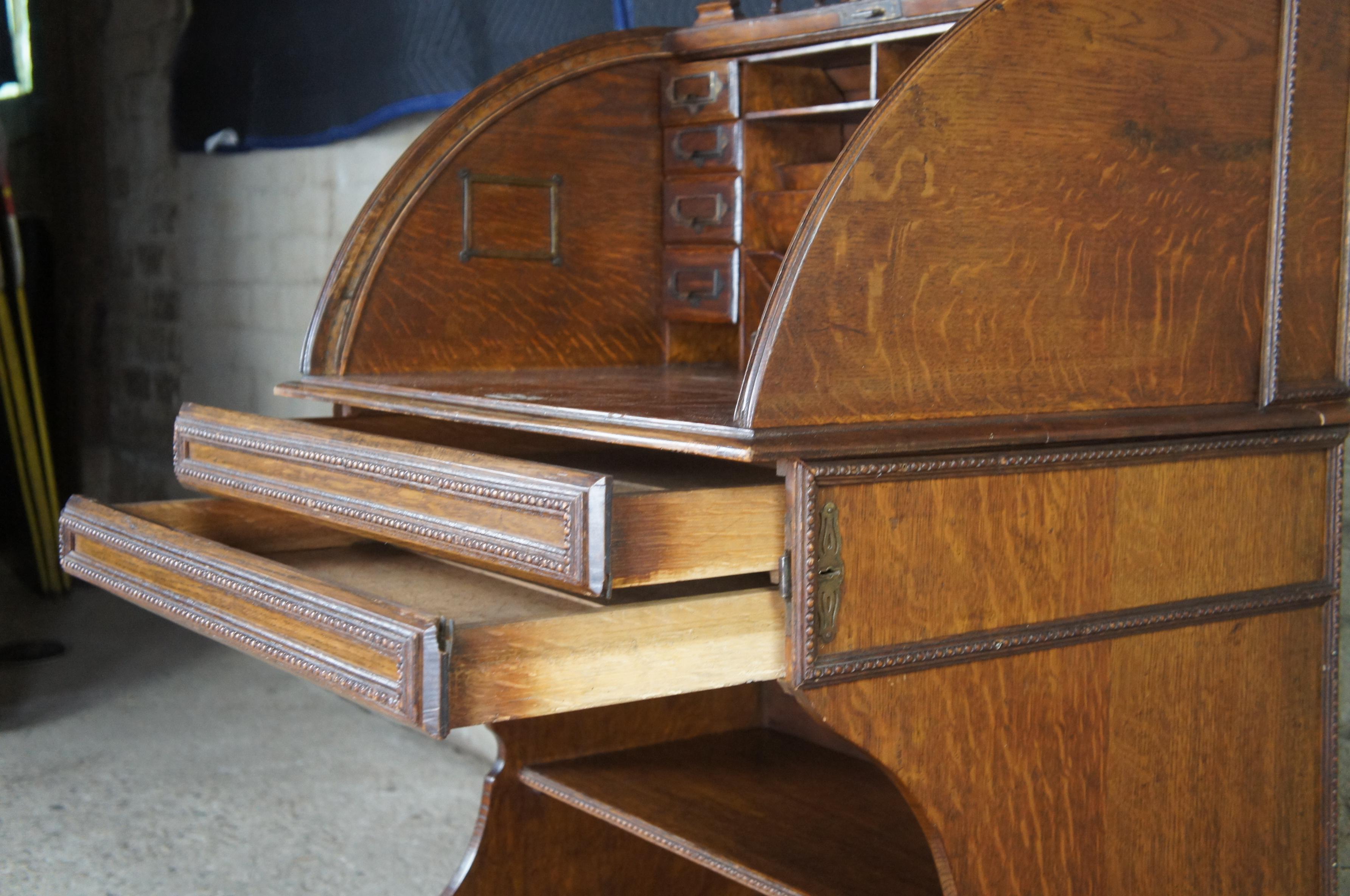 Antique Victorian Quartersawn Oak Roll Top Tambour Writing Desk Bureau 4