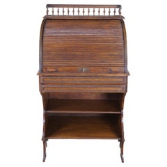 Antique Victorian Quartersawn Oak Roll Top Tambour Writing Desk Bureau