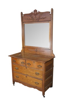 Antique Victorian Quartersawn Oak Serpentine Mirrored Chest of Drawers Dresser