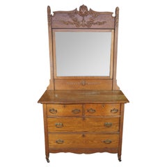 Antique Victorian Quartersawn Oak Serpentine Mirrored Chest of Drawers Dresser