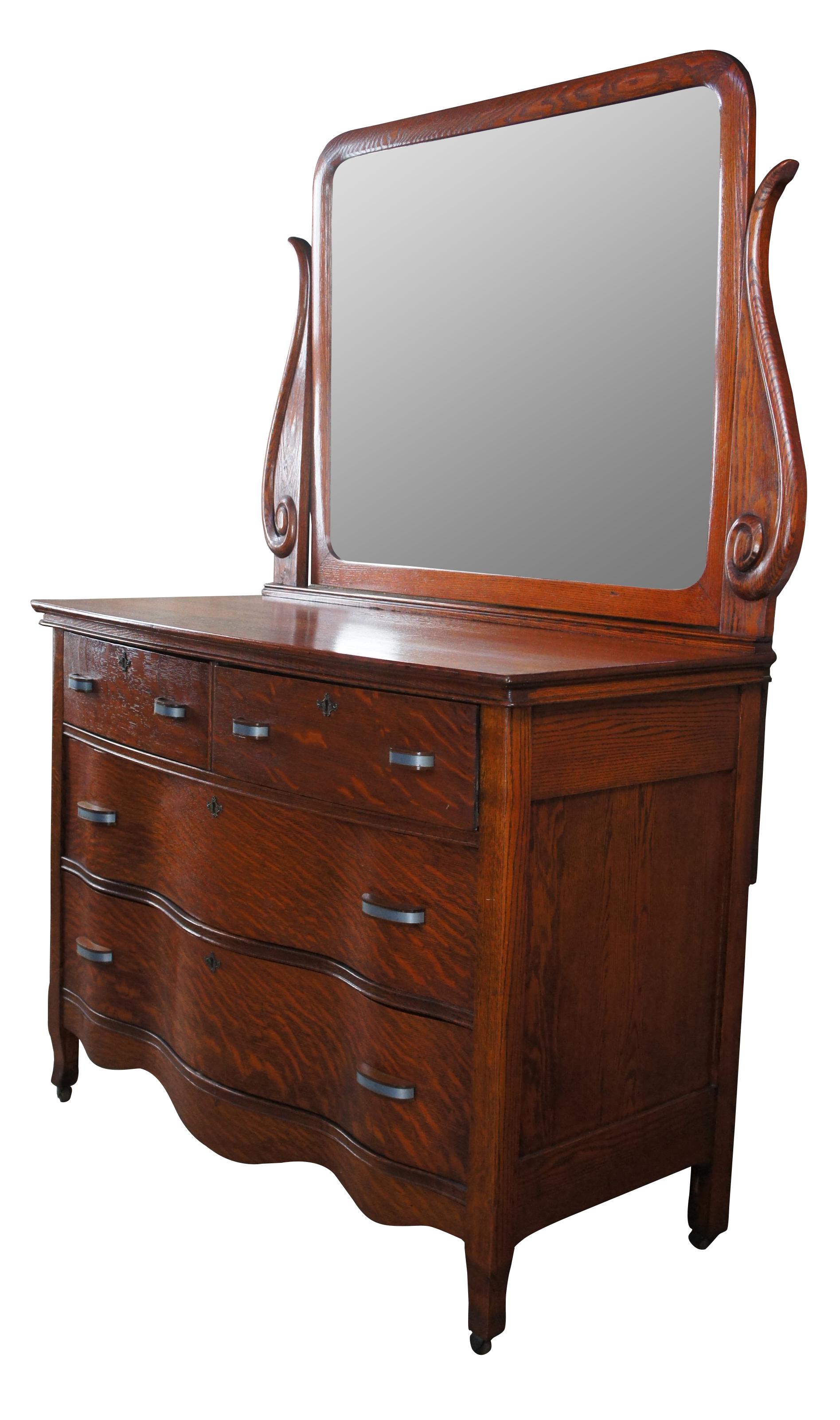 Late Victorian Antique Victorian Quartersawn Oak Serpentine Oxbow Chest Dresser & Mirror