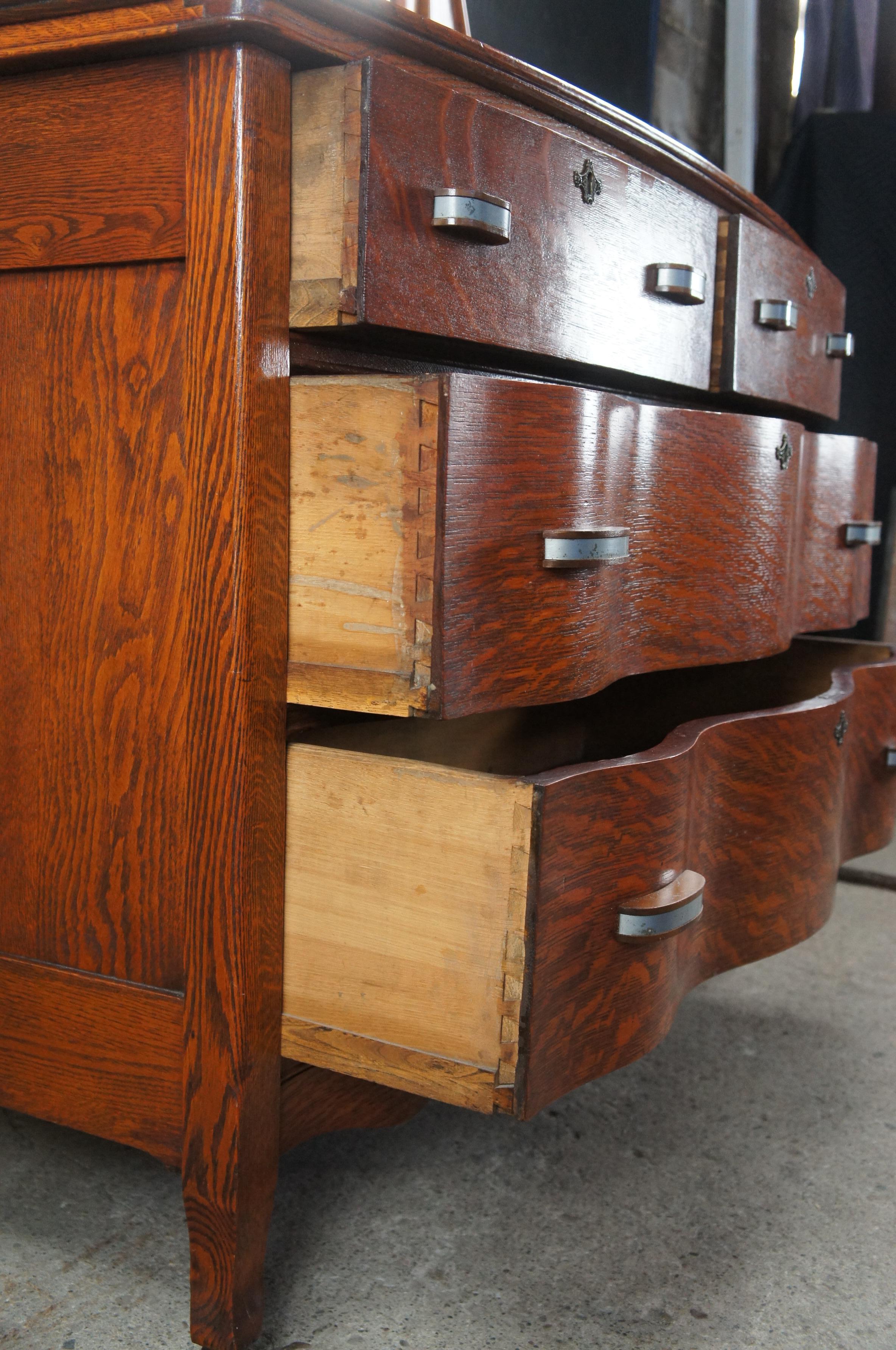 Antique Victorian Quartersawn Oak Serpentine Oxbow Chest Dresser & Mirror 1