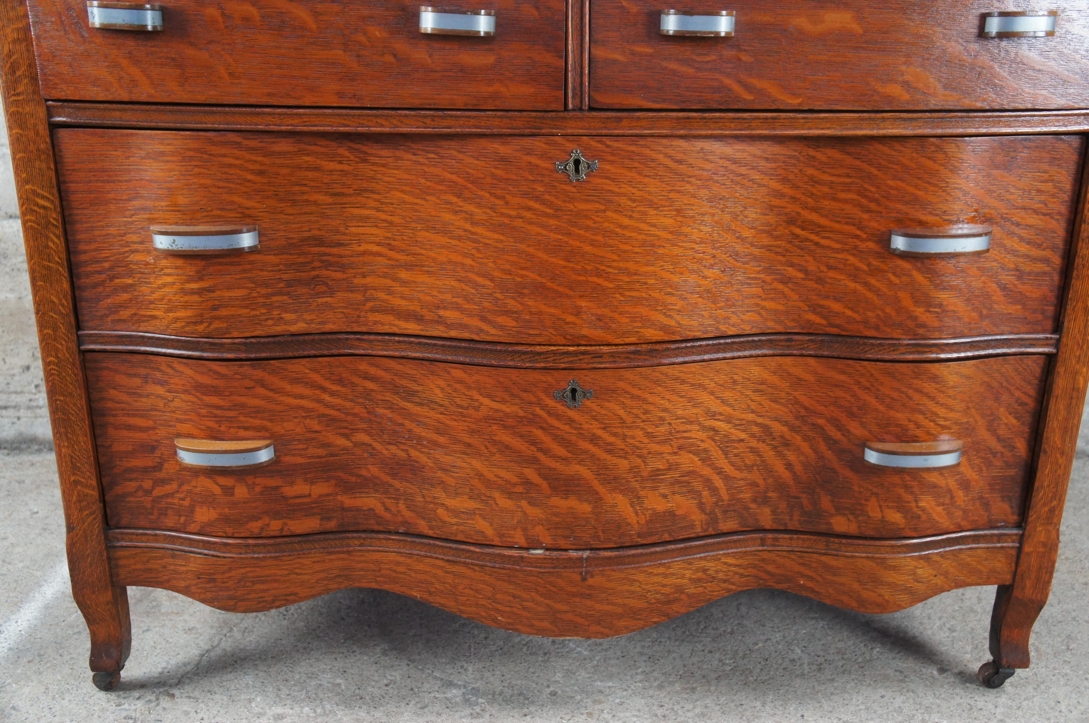 Antique Victorian Quartersawn Oak Serpentine Oxbow Chest Dresser & Mirror 2