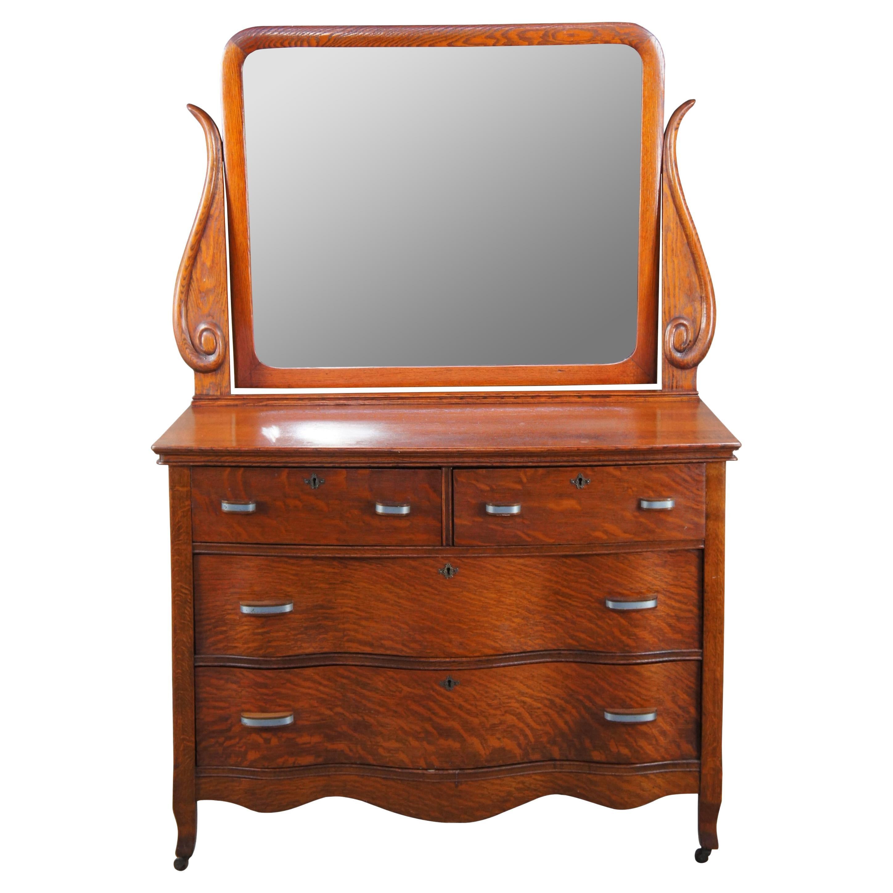 Antique Victorian Quartersawn Oak Serpentine Oxbow Chest Dresser & Mirror