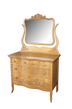 Antique Victorian Quartersawn Oak Serpentine Oxbow Dresser & Mirror Washstand