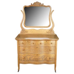 Antique Victorian Quartersawn Oak Serpentine Oxbow Dresser & Mirror Washstand