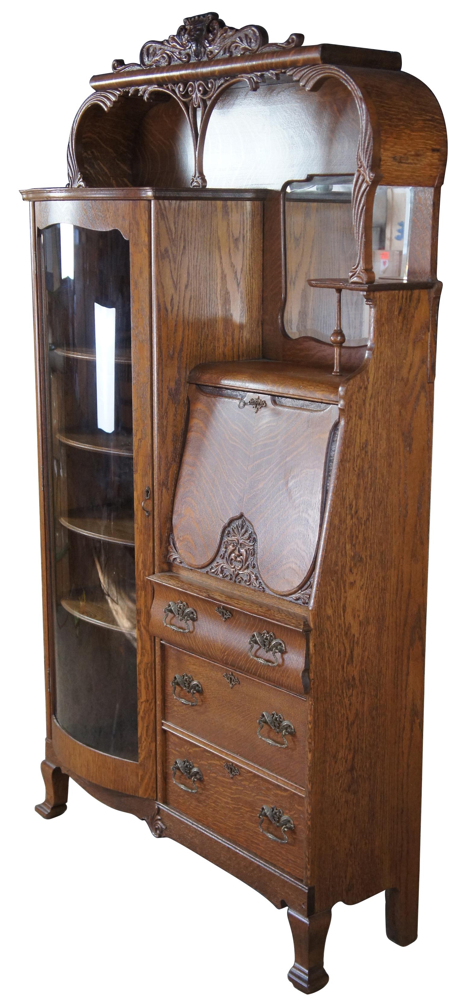 Monumental antique Victorian side by side secretary desk and curio bookcase, circa 1900s. Made of quartersawn or 