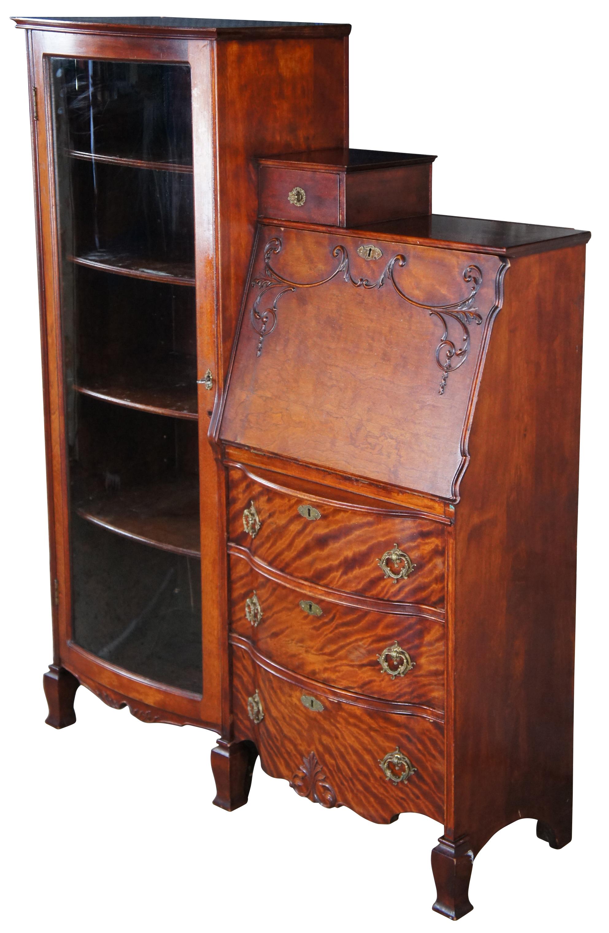 Antique Victorian side by side secretary desk and curio bookcase, circa 1900s. Made of quartersawn or 